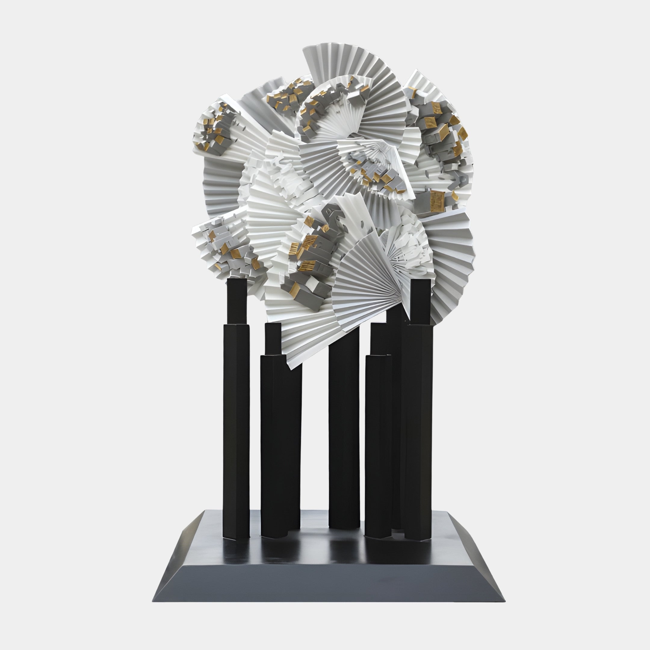 Giant Sculptures White Pleated Fan Installation Sculpture in 3D-printed resin, with gold and grey flecked fans atop slender black columns on a black base.