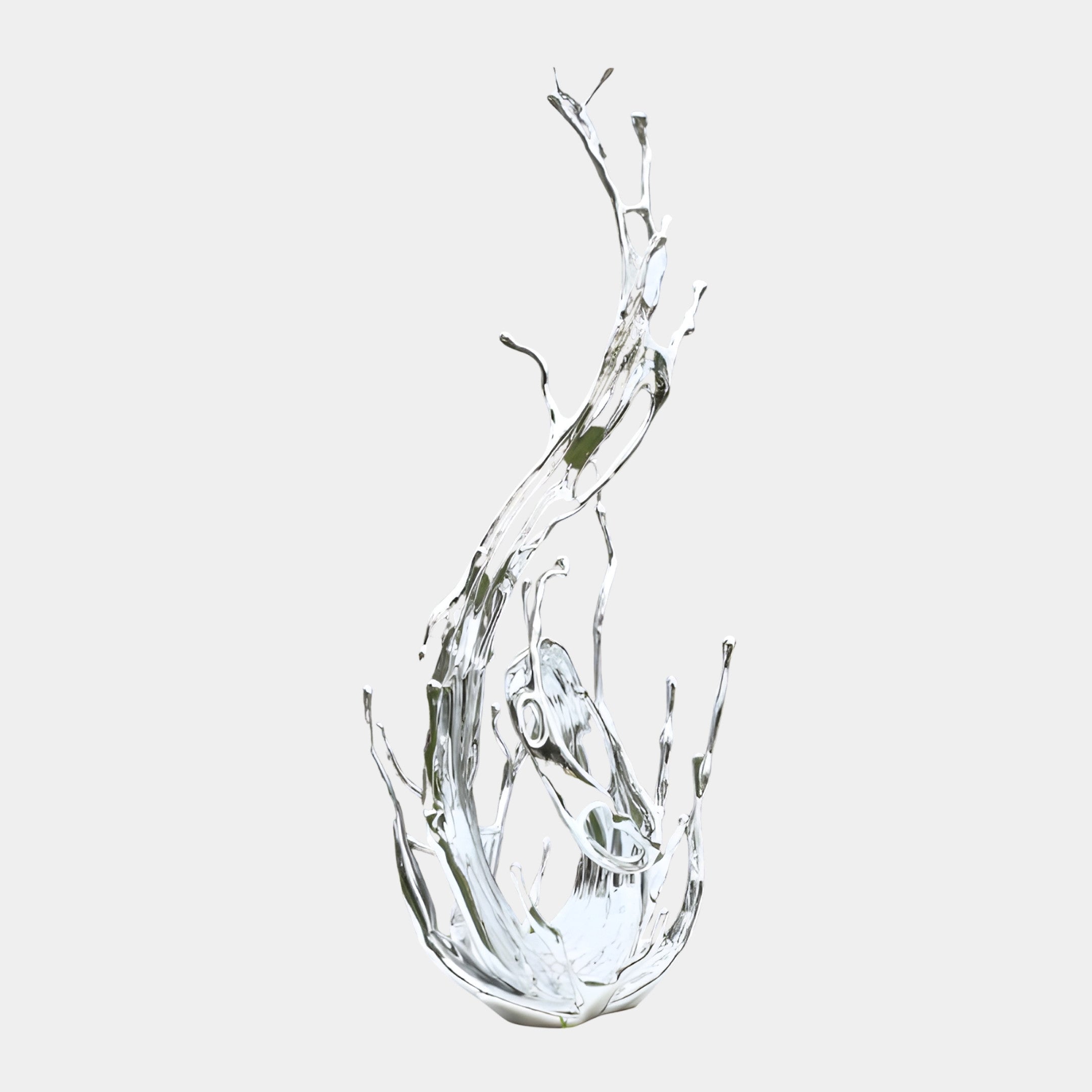 Giant Sculptures Silver Abstract Swirling Form Sculpture 170cm in chrome-finished resin, splashing upward into branching liquid tendrils, shown on a plain light background.