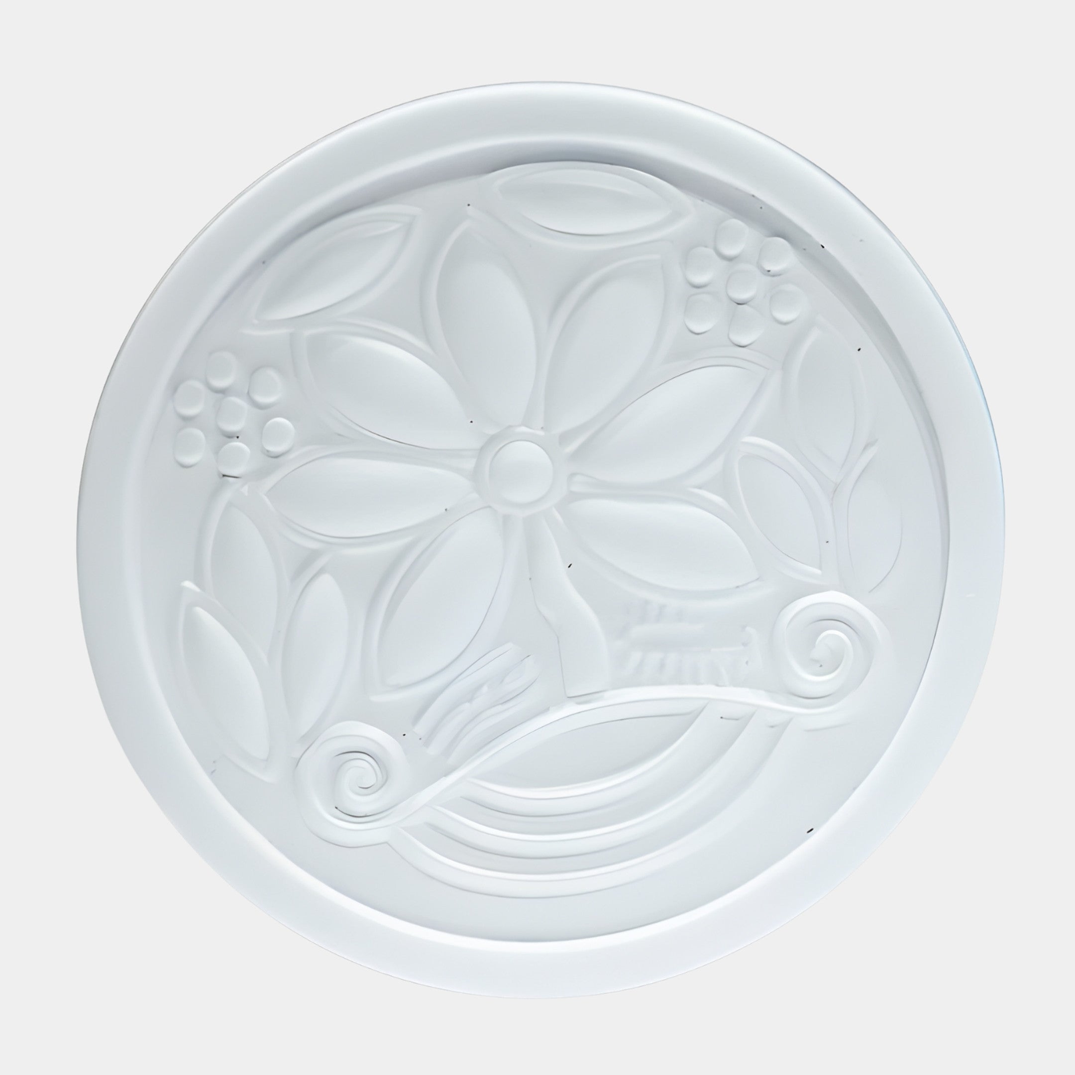 White Floral Motif Relief Disc Sculpture by Giant Sculptures, 20cm resin disc with a central bloom, leaves, and scrolling tendrils, shown on a plain background.