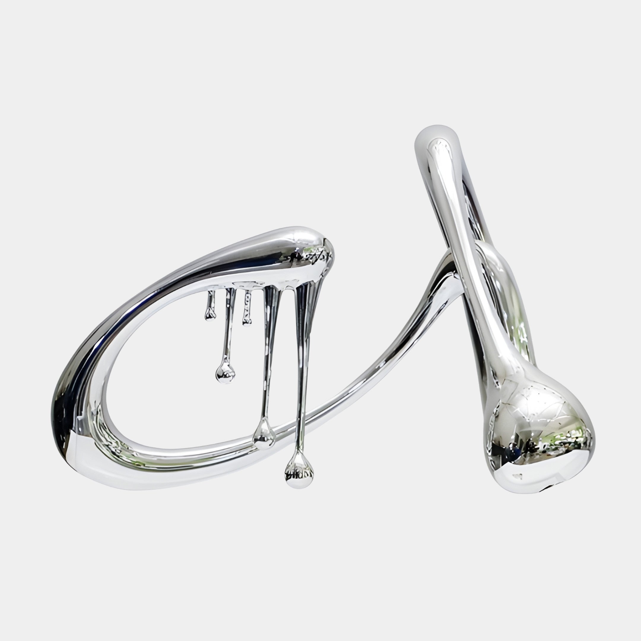 Giant Sculptures Silver Abstract Musical Note Sculpture in mirror-chrome resin, shown with drooping, dripping forms against a plain light background.