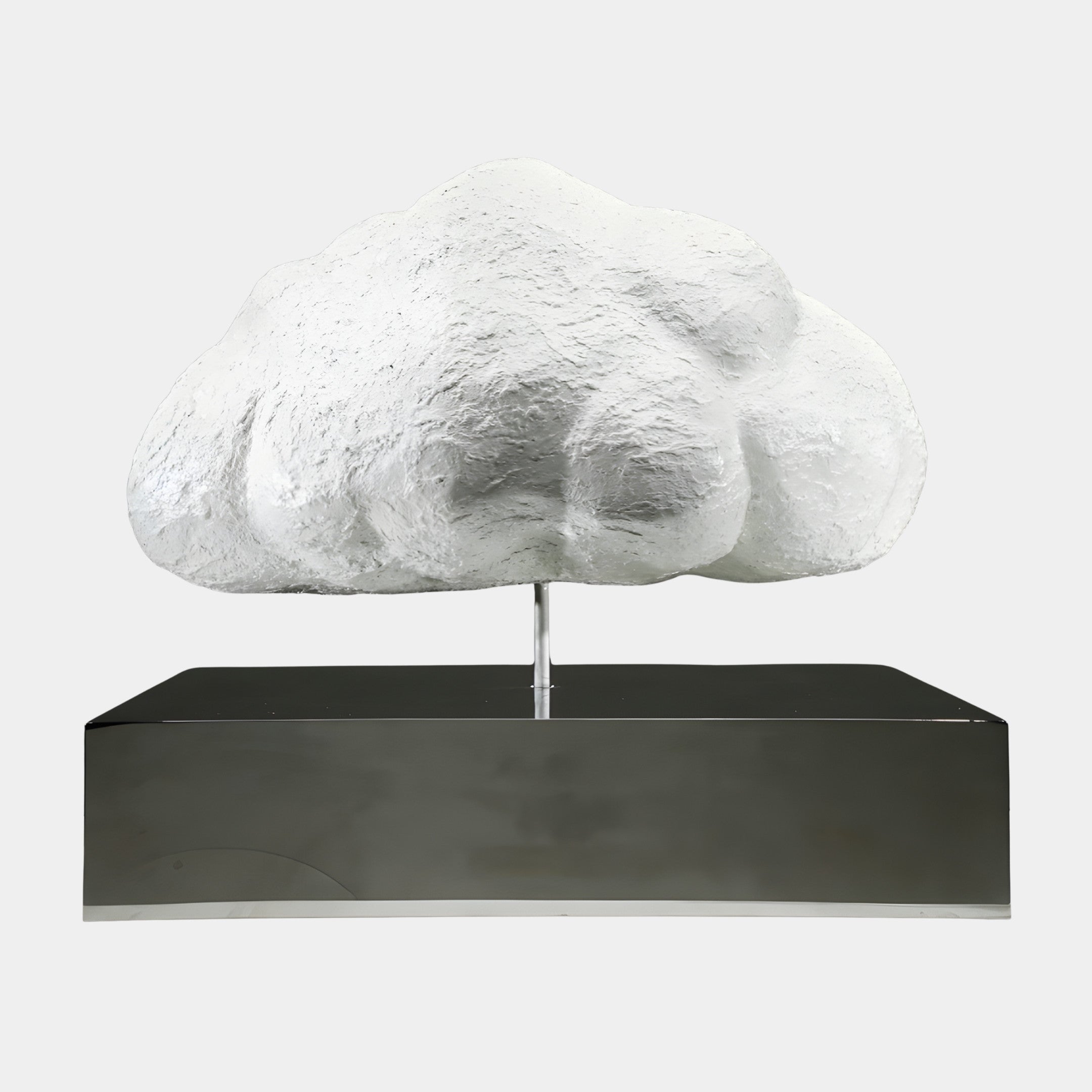 White Textured Cloud Form sculpture by Giant Sculptures, a 3D-printed resin cloud raised on a slim stem above a mirrored steel base, shown on a plain background.
