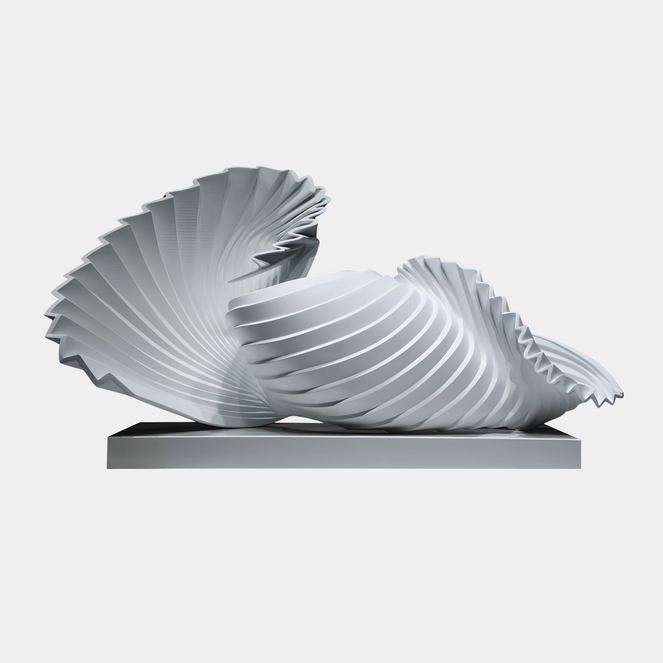 White Pleated Abstract Shell Sculpture by Giant Sculptures, two ribbed fan-like shell forms in 3D-printed resin on a slim base, shown against a plain background.