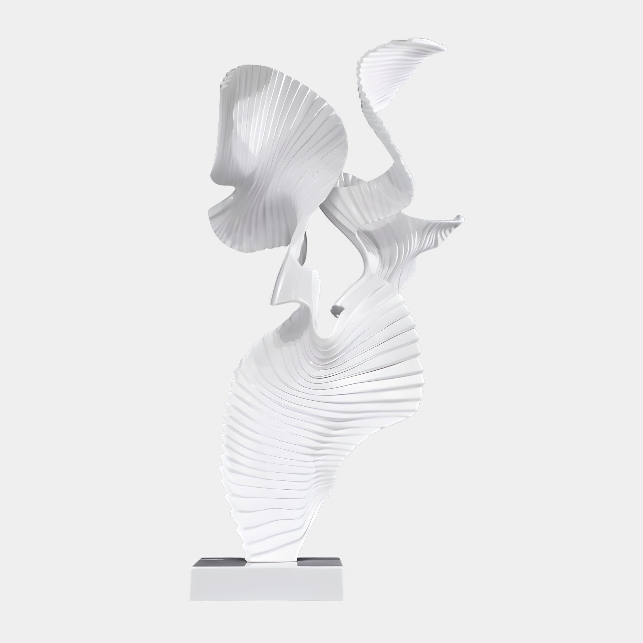 White Pleated Abstract Motion Sculpture by Giant Sculptures, featuring swirling ribbed fan-like forms in crisp white resin on a marble base, shown against a plain background.
