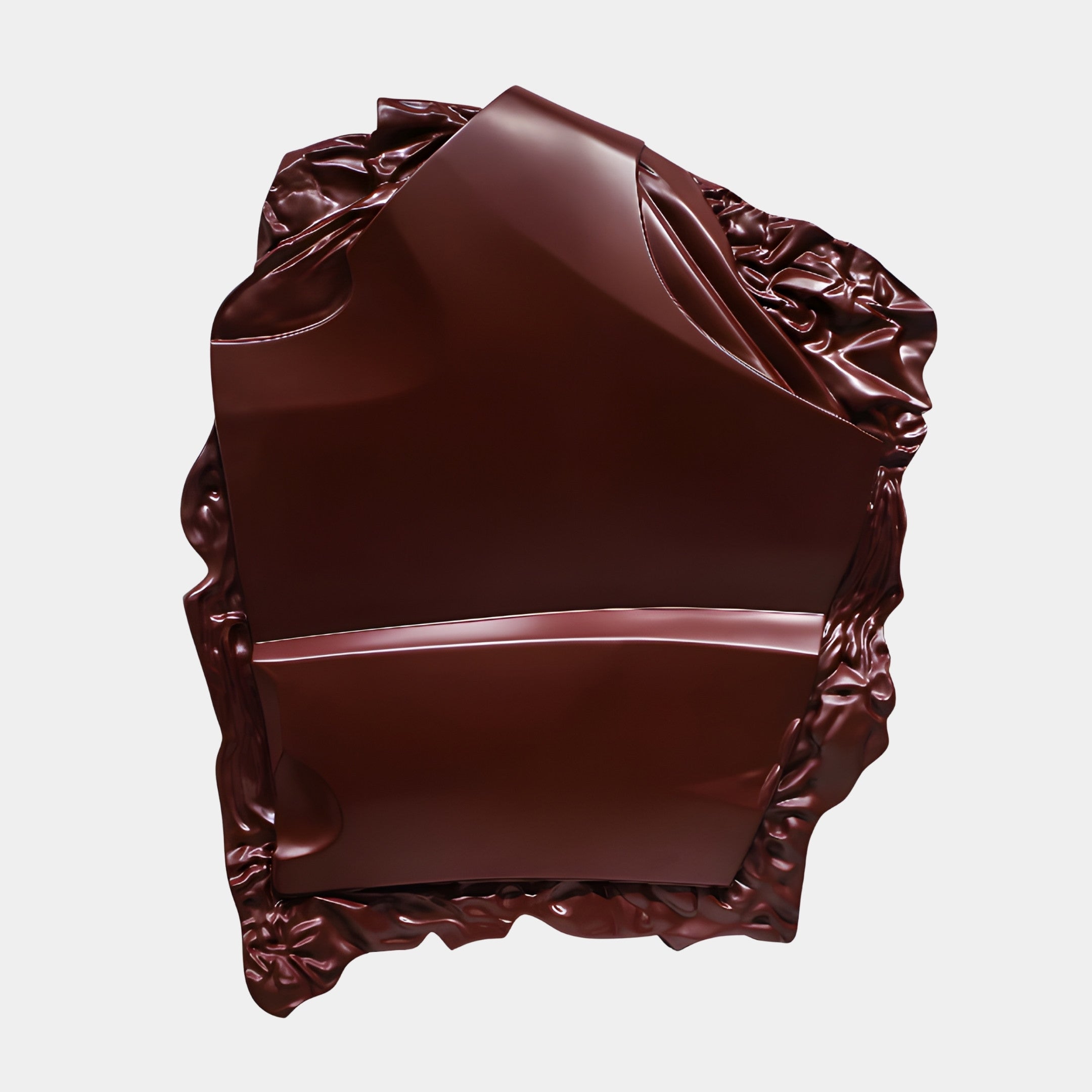 Giant Sculptures Burgundy Abstract Crumpled Sheet Sculpture 70cm in glossy 3D-printed resin with polished centre and crinkled foil-like edges, on a plain background.