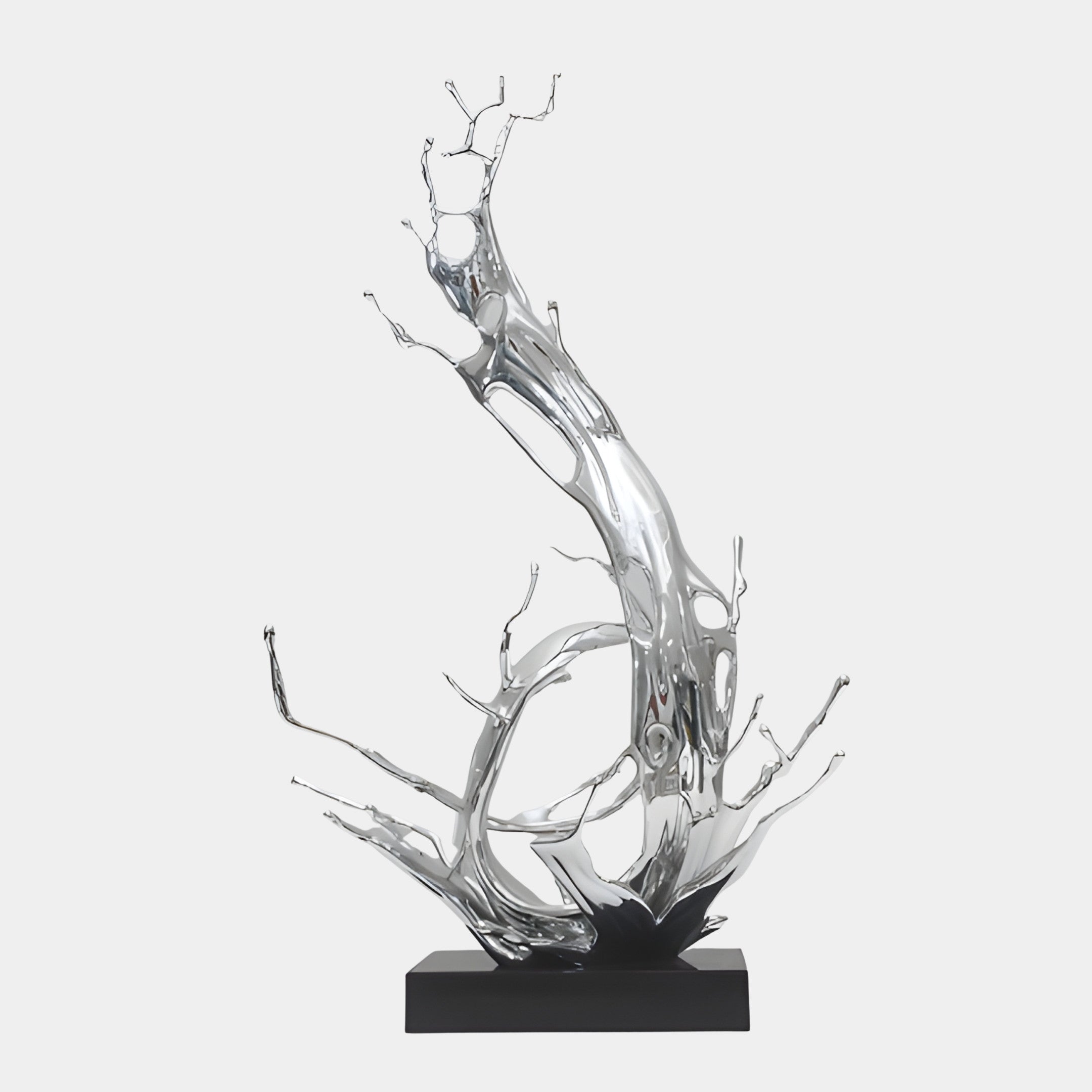 Giant Sculptures Silver Abstract Water Splash Sculpture 100cm in chrome-finished resin, rising in branching jets and droplets from a black rectangular plinth.