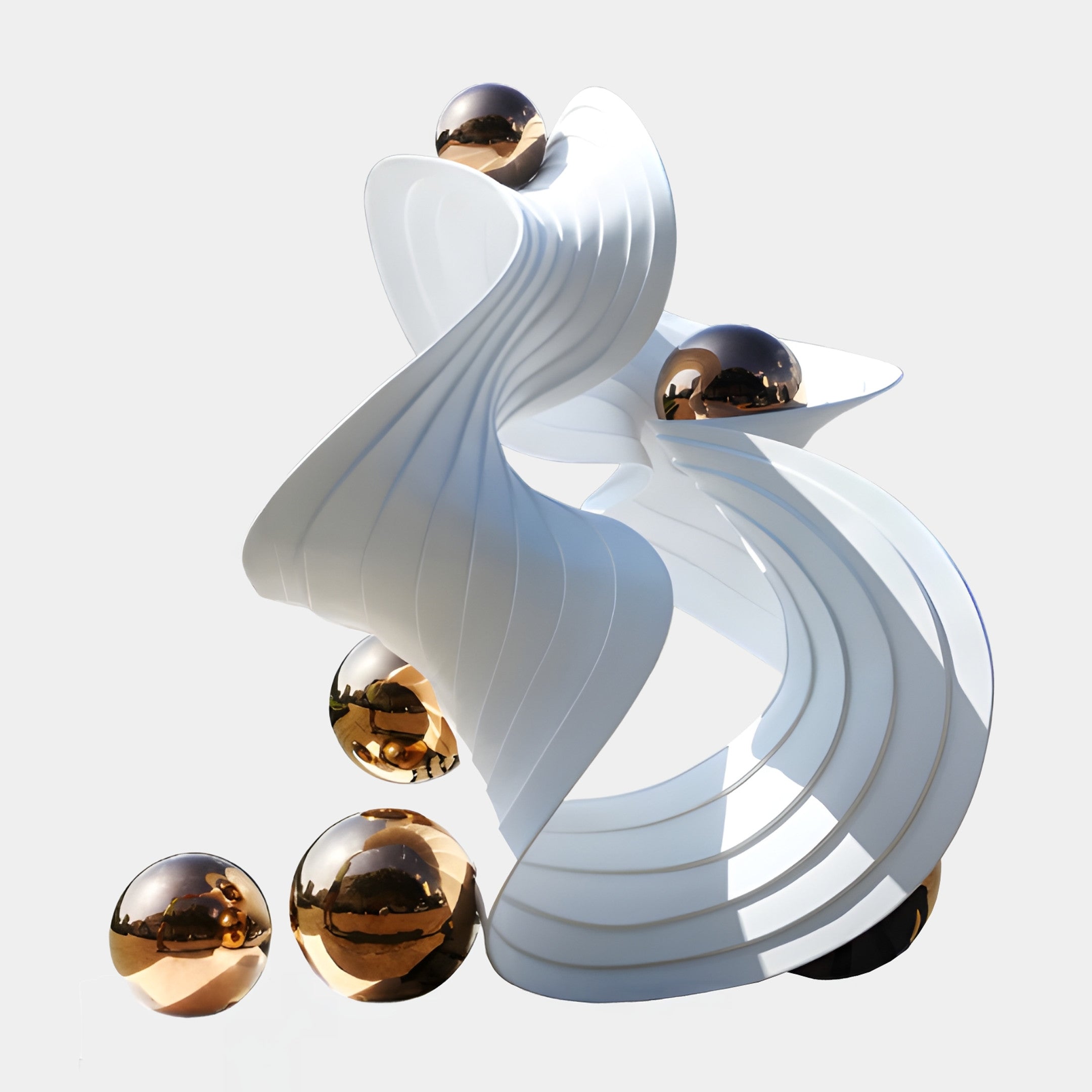 Giant Sculptures White Spiral with Rose Gold Spheres Sculpture 200cm, ribbed white resin ribbons spiralling around polished rose-gold mirror spheres, on a plain background.