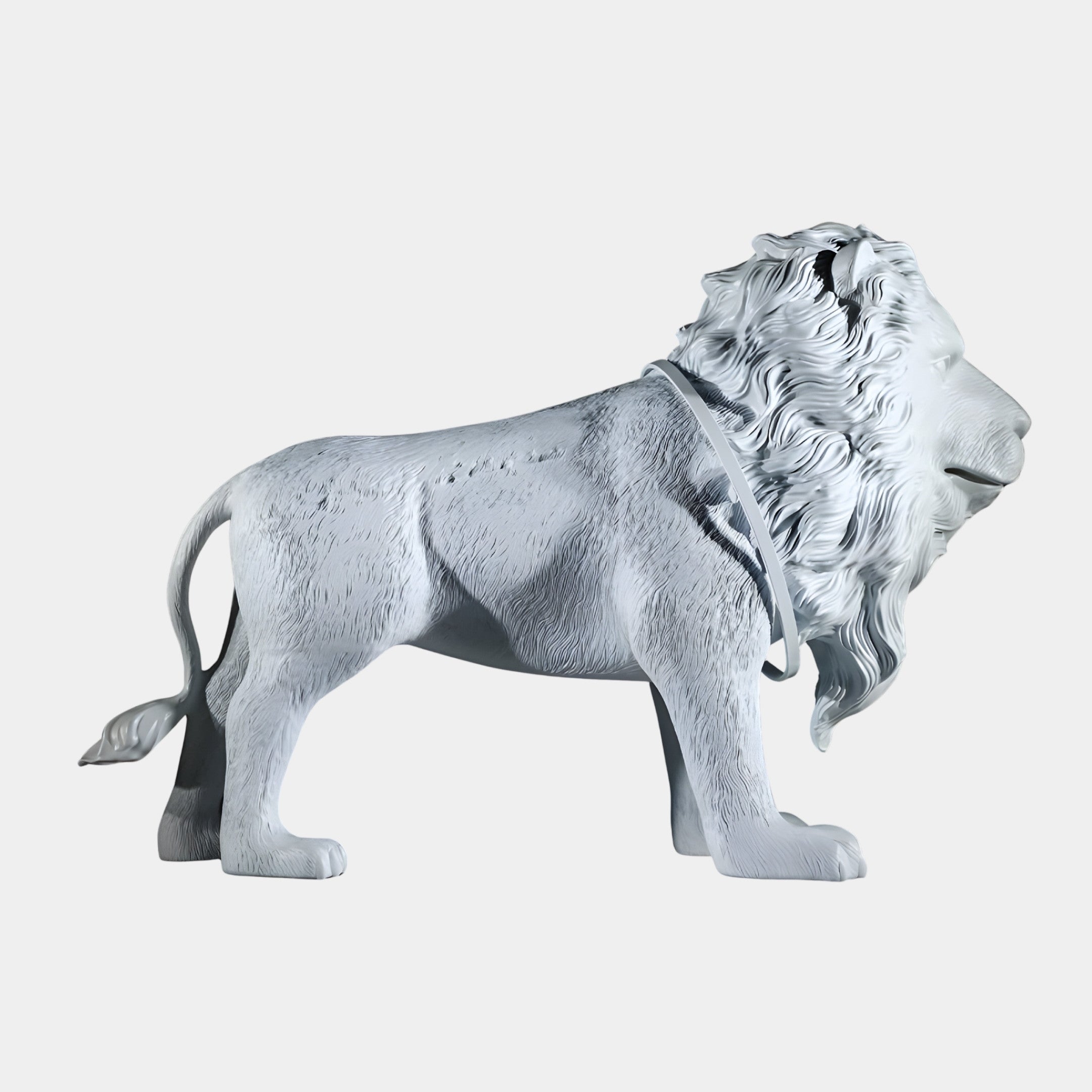 White Standing Lion Sculpture 100cm by Giant Sculptures in 3D-printed resin, shown in side profile with a flowing sculpted mane on a plain light background.