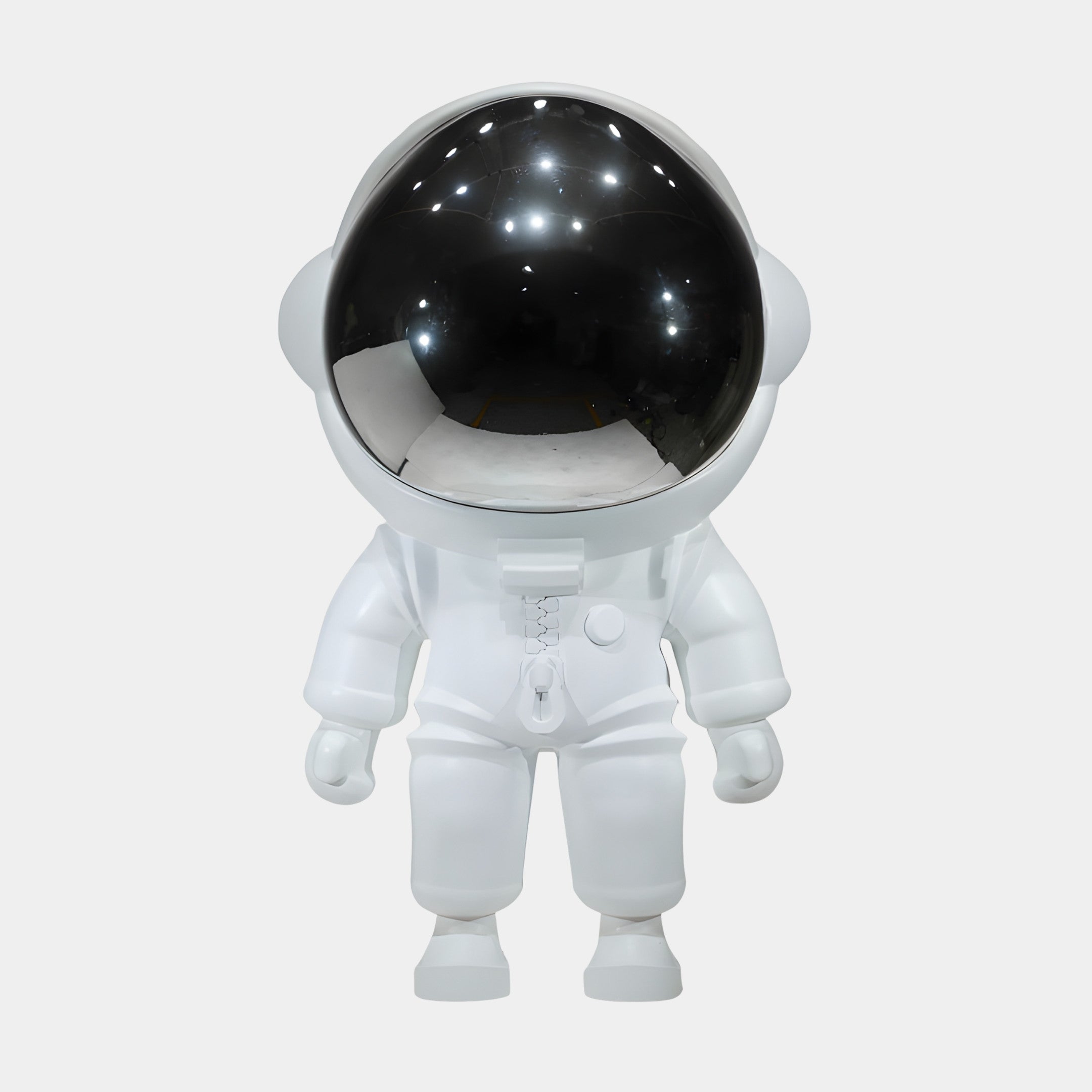 Giant Sculptures 150cm White & Chrome Abstract Astronaut Sculpture shown front-on with a glossy white suit and oversized dark chrome mirror visor on a plain background.