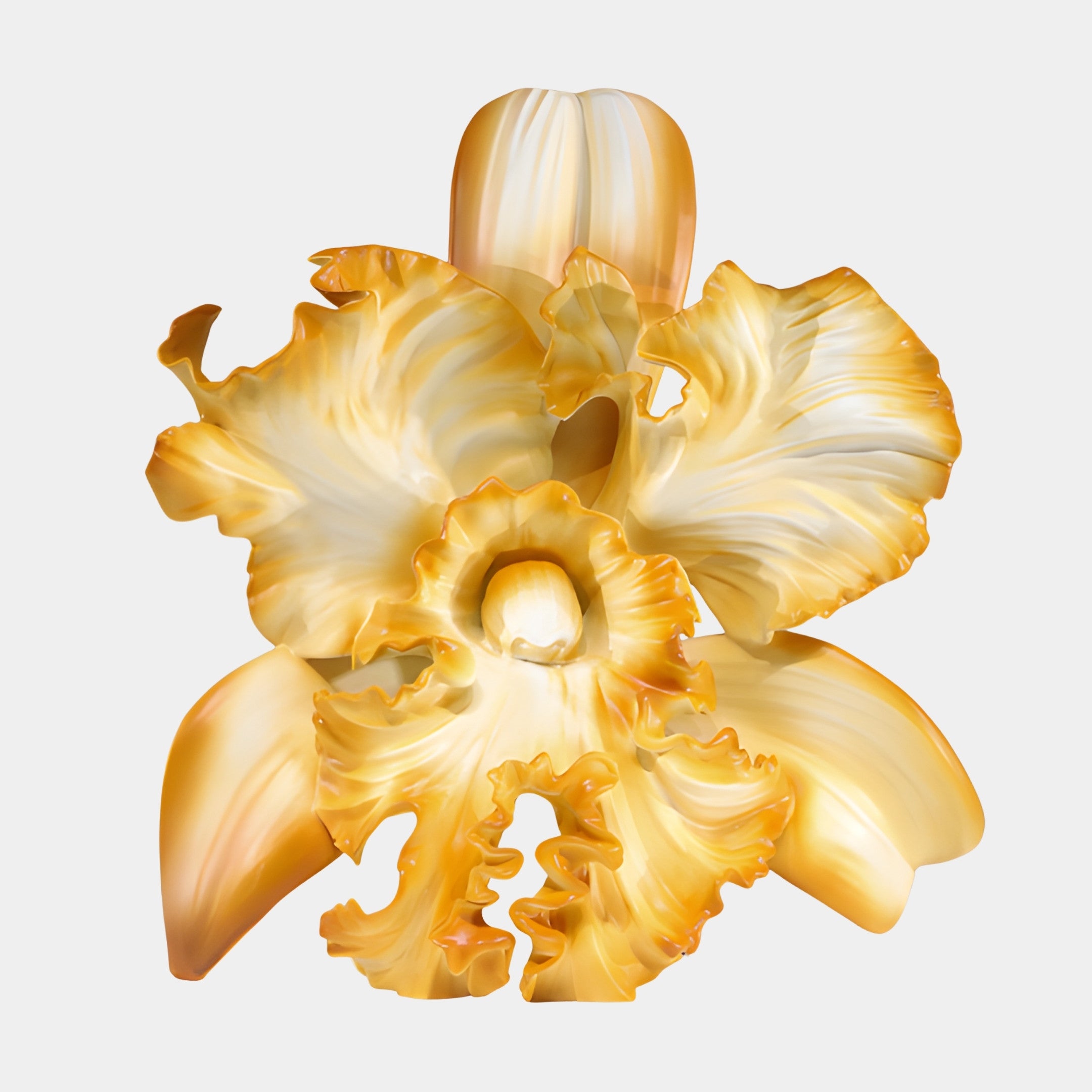 Orange Abstract Orchid Flower Sculpture by Giant Sculptures, a 40cm resin cattleya orchid with ruffled amber and creamy gold petals on a plain background.