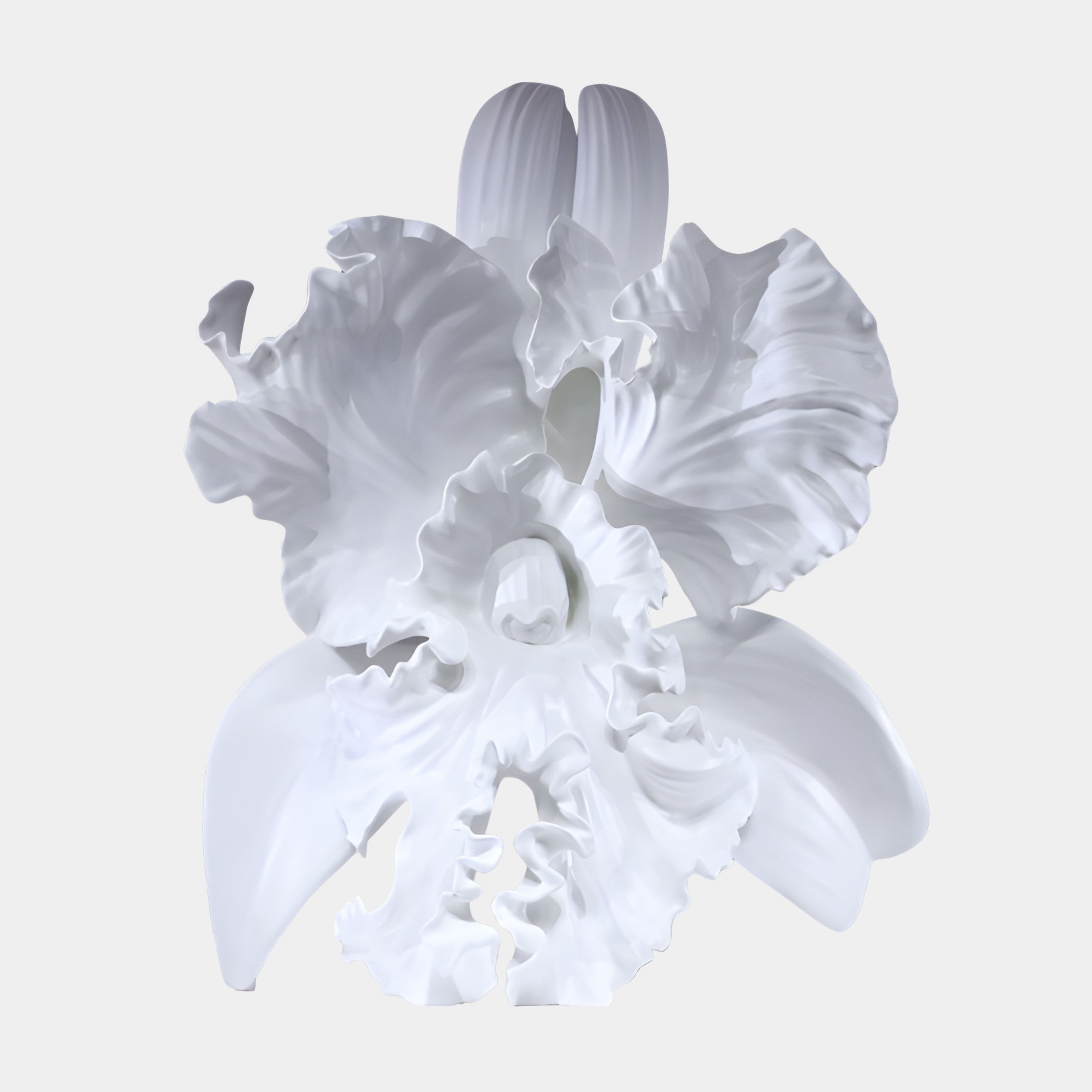 White Abstract Orchid Flower Sculpture by Giant Sculptures, 40cm matte resin bloom with ruffled sweeping petals, shown front-on against a plain light background.