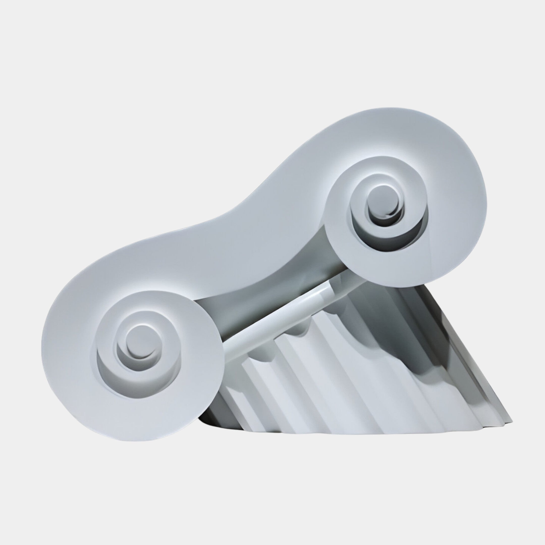 White Abstract Ionic Capital Double Scroll Sculpture by Giant Sculptures, 50cm, side view showing twin volute spirals and fluted shaft on a plain background.