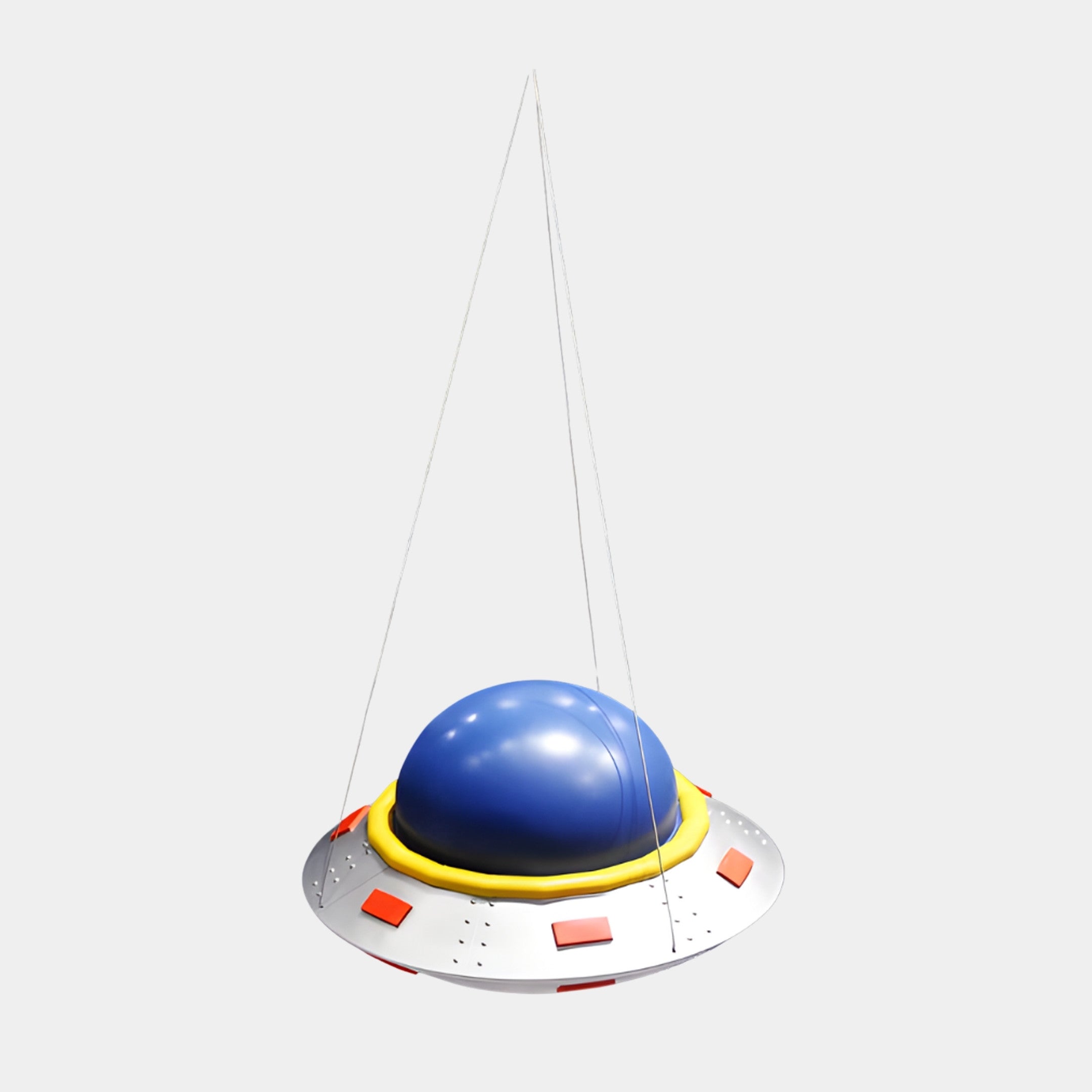 Blue UFO Spaceship Mobile Hanging Sculpture by Giant Sculptures, 3D-printed resin with glossy blue dome, yellow ring, and silver disc with orange lights, on wires.