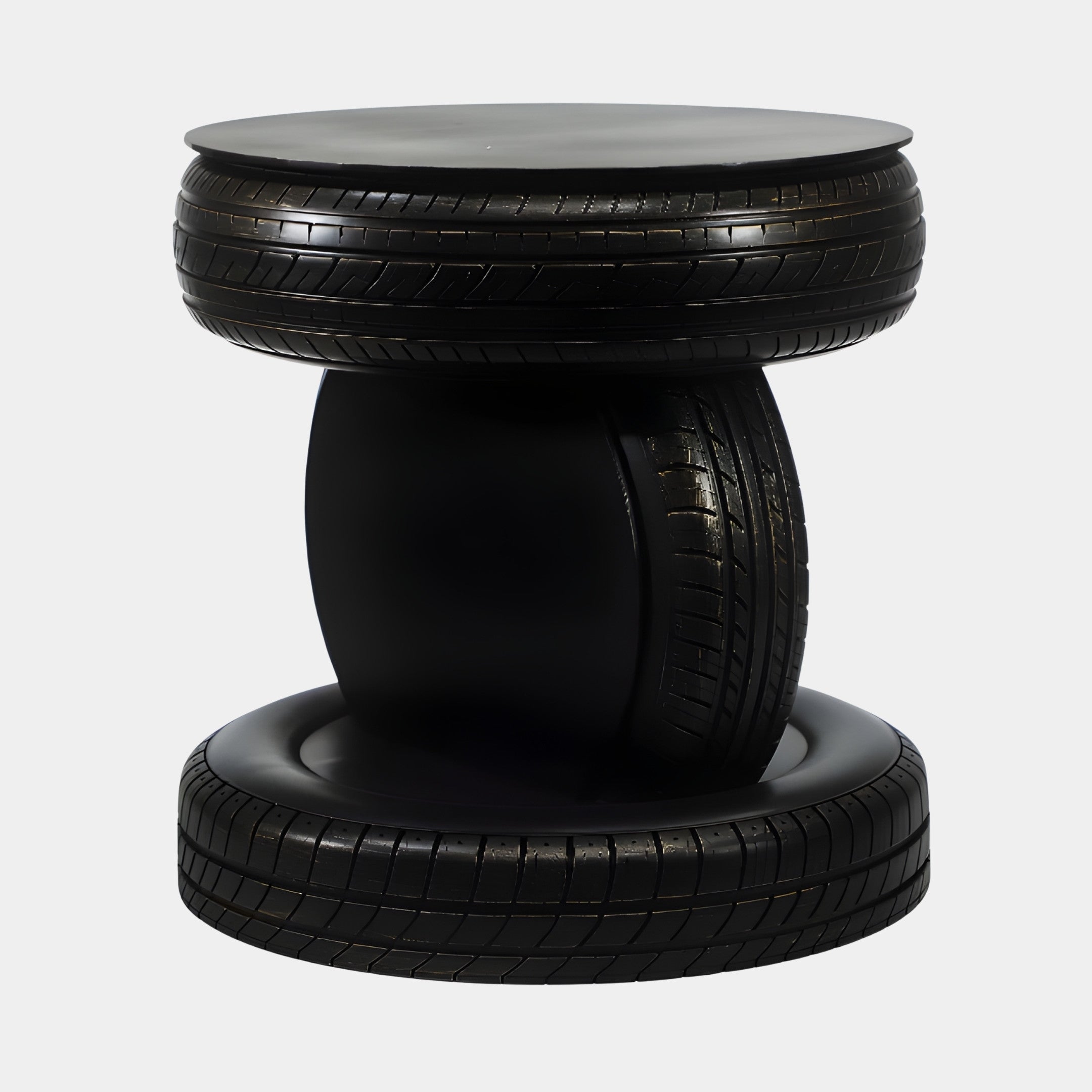 Black Tyre Stack Side Table by Giant Sculptures, featuring stacked glossy black tyres with tread detailing and a flat top, shown on a plain background.