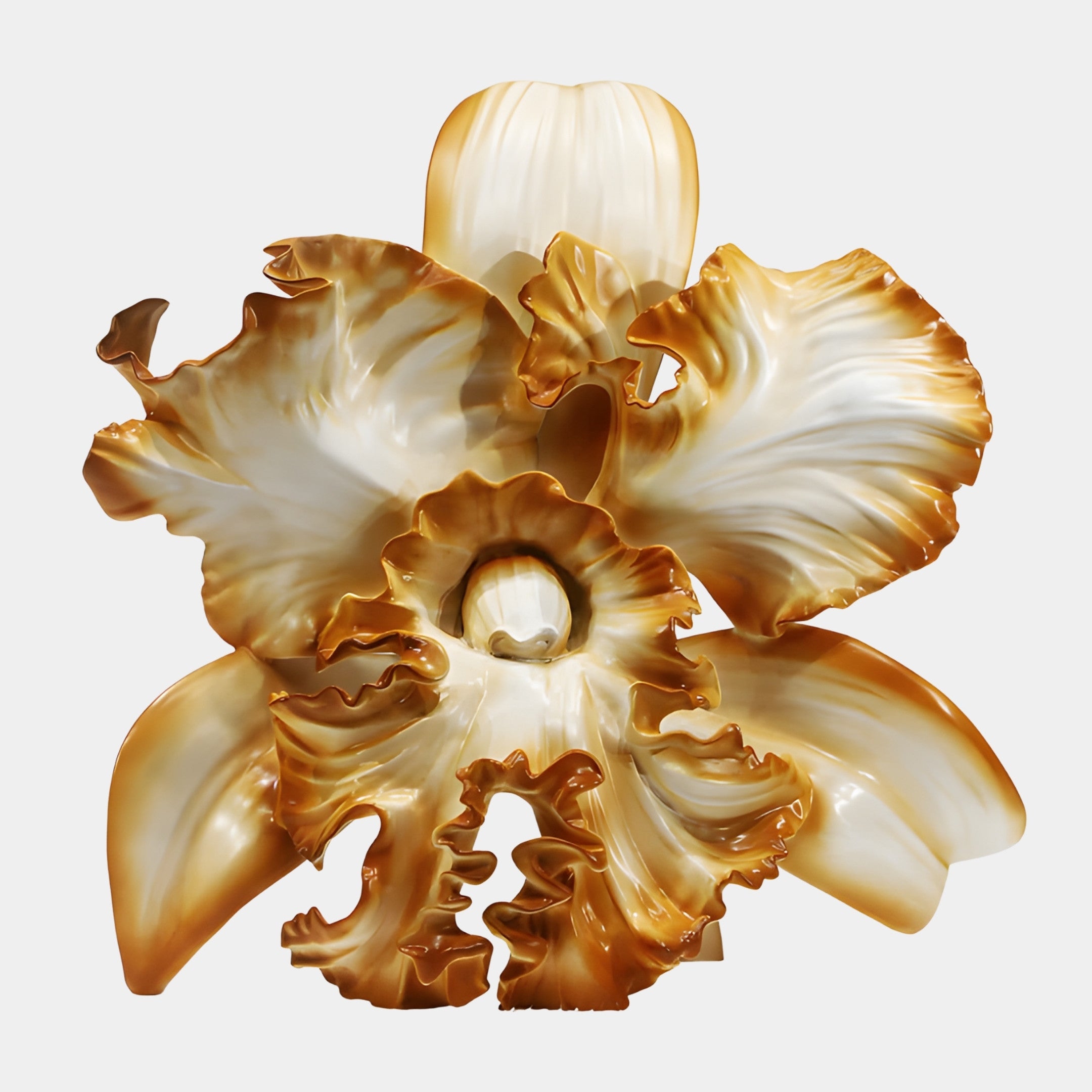 Gold and white Cattleya Orchid sculpture by Giant Sculptures with ruffled cream petals edged in warm gold, shown front-on against a plain light background.