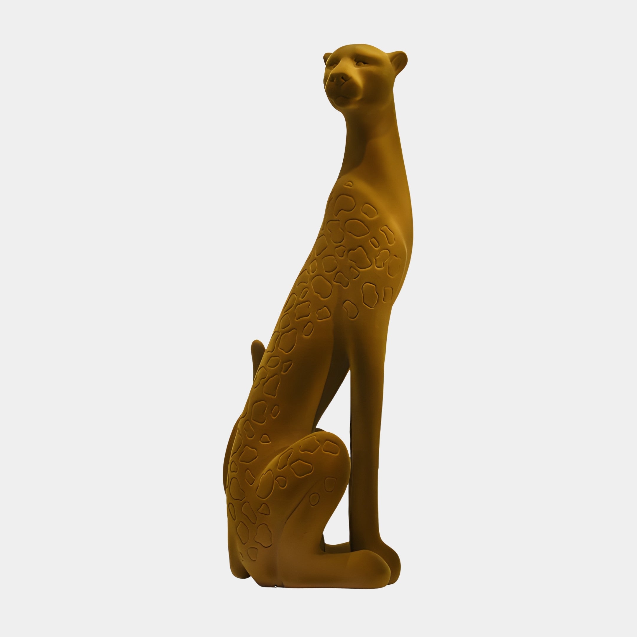 Giant Sculptures Gold Seated Cheetah Sculpture 120cm in 3D-printed resin with a matte gold finish and sculpted spots, shown seated upright on a plain background.