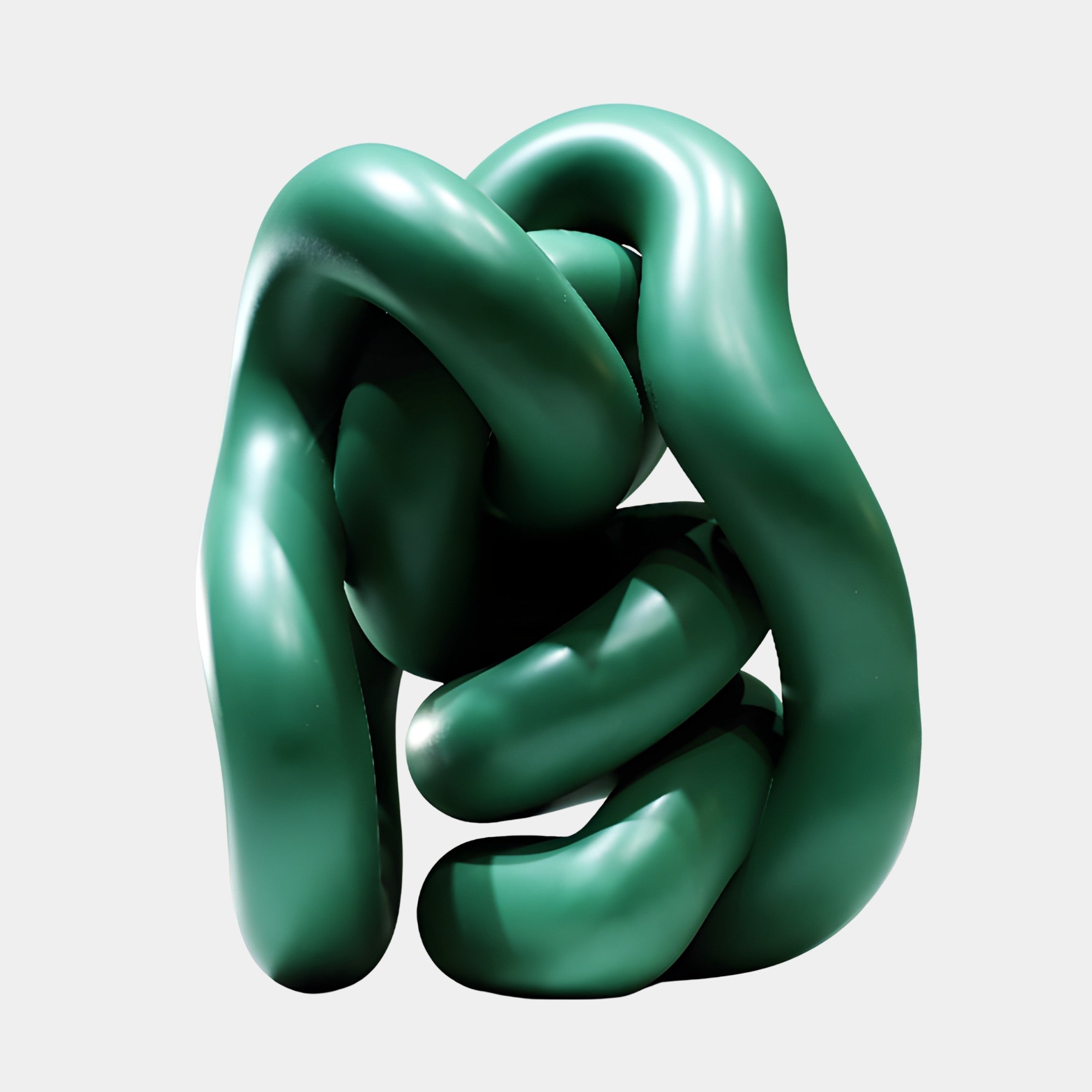 Giant Sculptures Green Abstract Torus Knot Sculpture in 3D-printed resin with a satin emerald finish, thick interlocking tubular loops, on a plain light background.