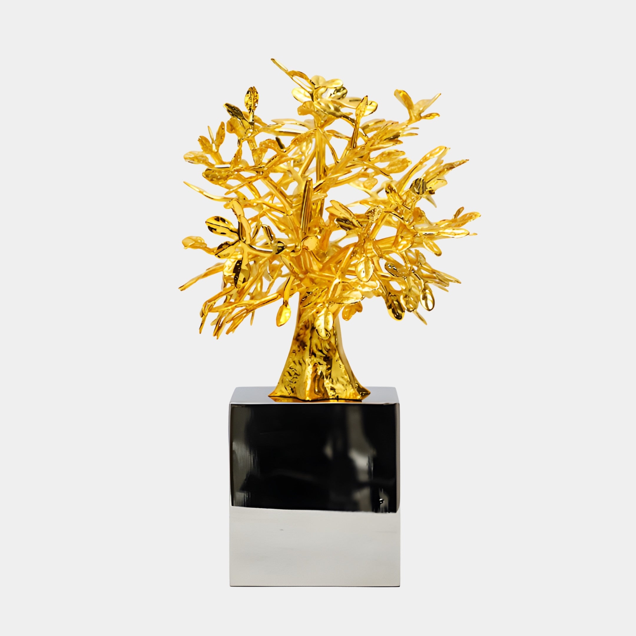 Gold Abstract Tree on Black Marble Base Sculpture 40cm by Giant Sculptures, featuring detailed golden leaves above a polished black and chrome cube base.