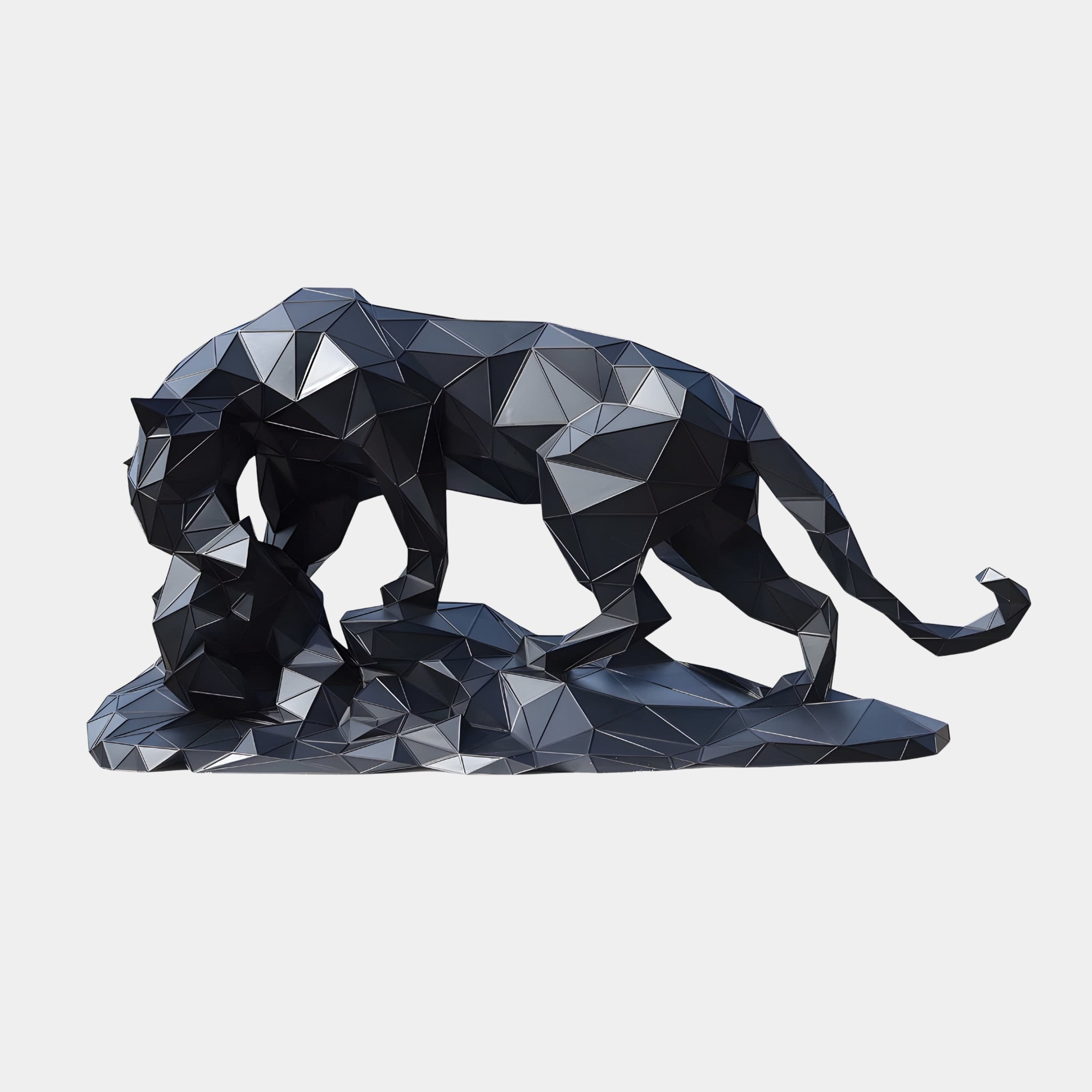 Black Faceted Geometric Prowling Panther Sculpture by Giant Sculptures, 123cm, shown in side view with glossy black low-poly facets on a faceted base.