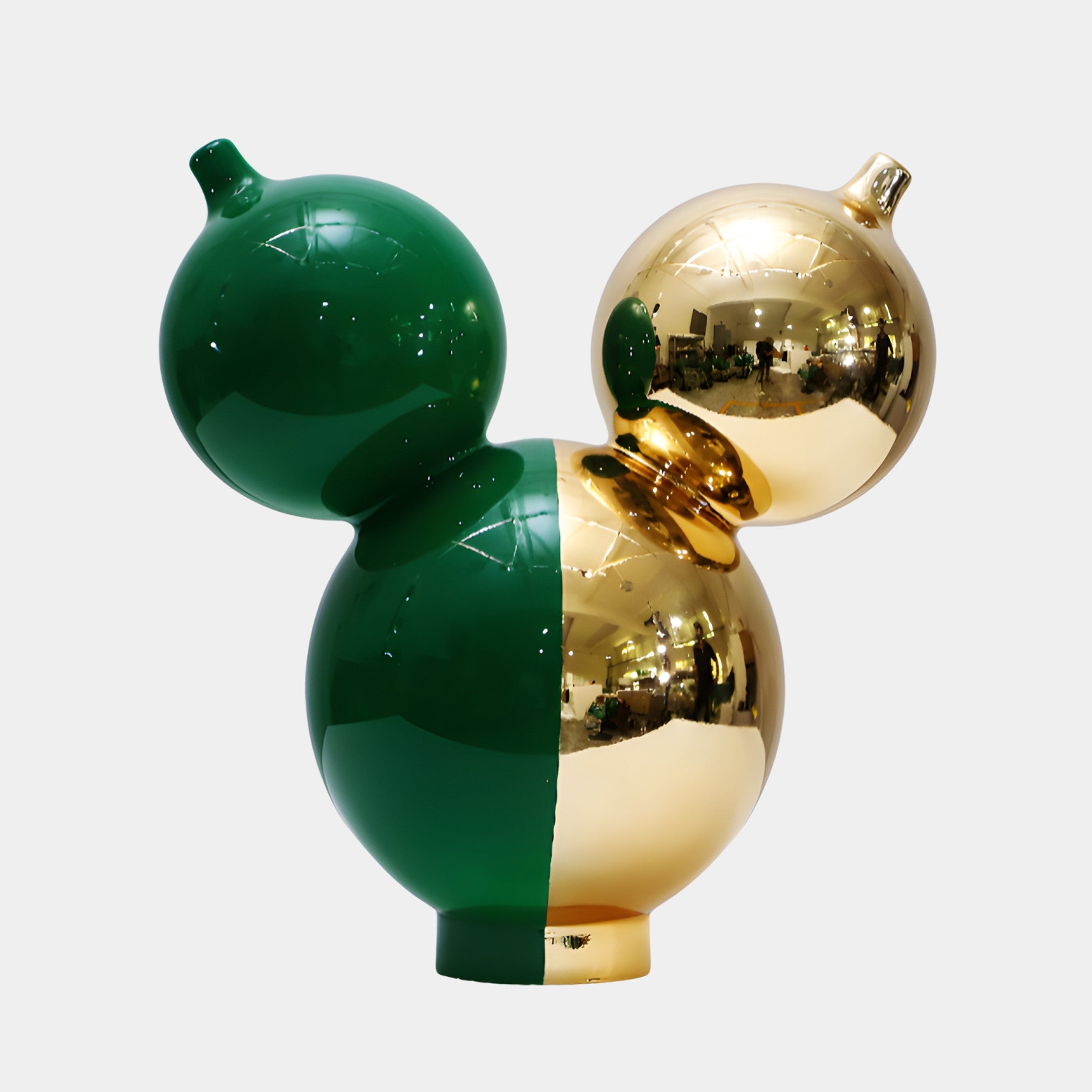 Giant Sculptures Green & Gold Abstract Balloon Cluster Sculpture 60cm, three glossy spheres split vertically in deep green and mirror gold, on a plain background.