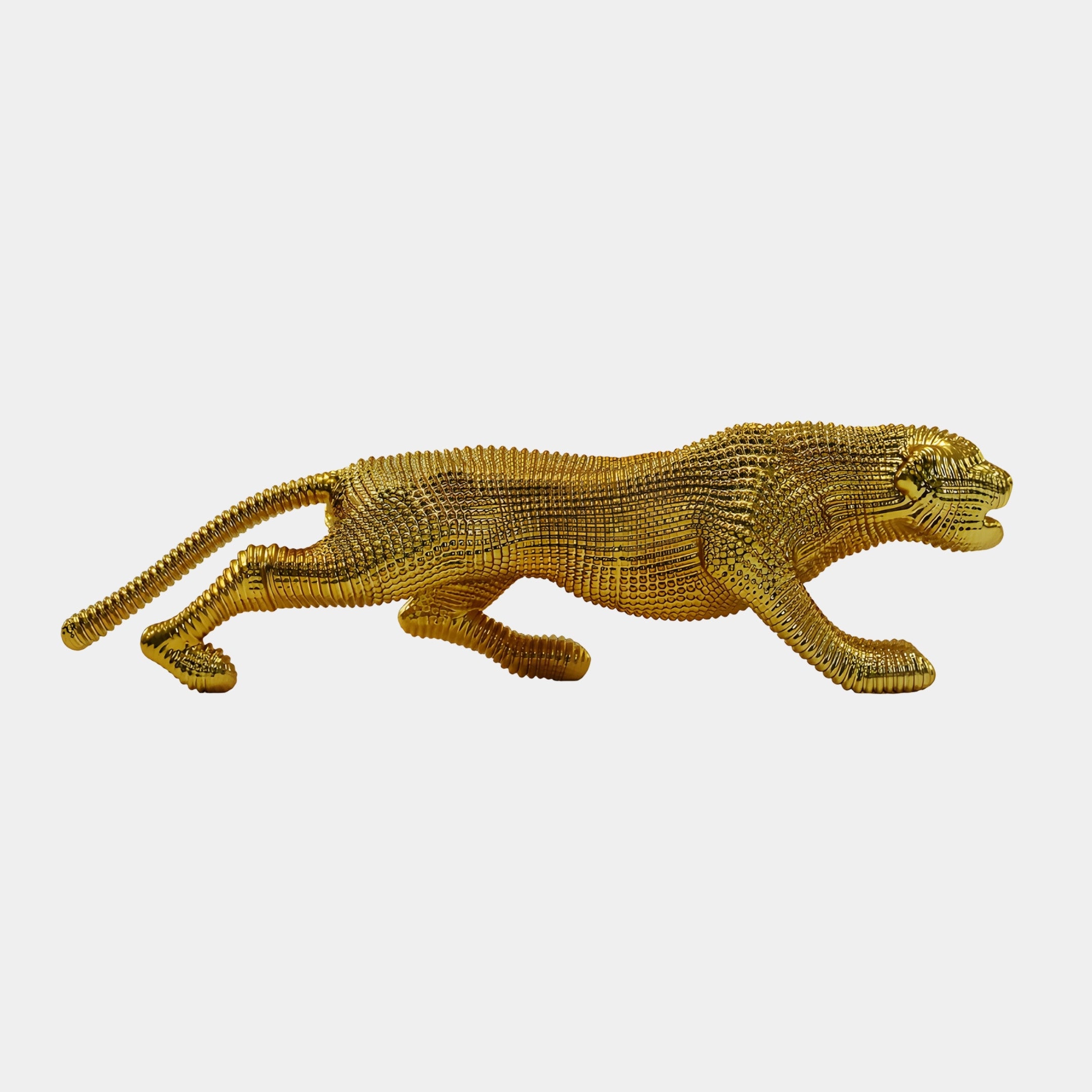 Gold Abstract Prowling Cheetah Sculpture by Giant Sculptures, 60cm, shown in side profile mid-stride with textured scale-like gold finish on a plain white background.