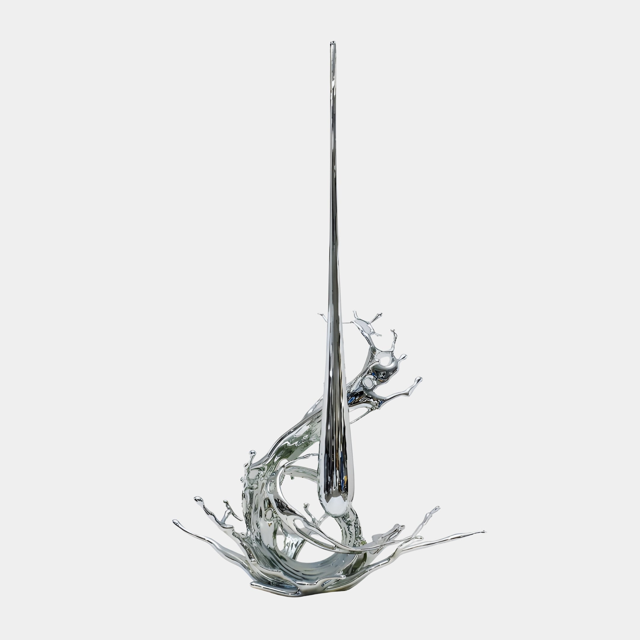 Silver Abstract Water Splash Column Sculpture 245cm by Giant Sculptures, chrome-finish 3D-printed resin jet rising from a churning splash base, plain background.