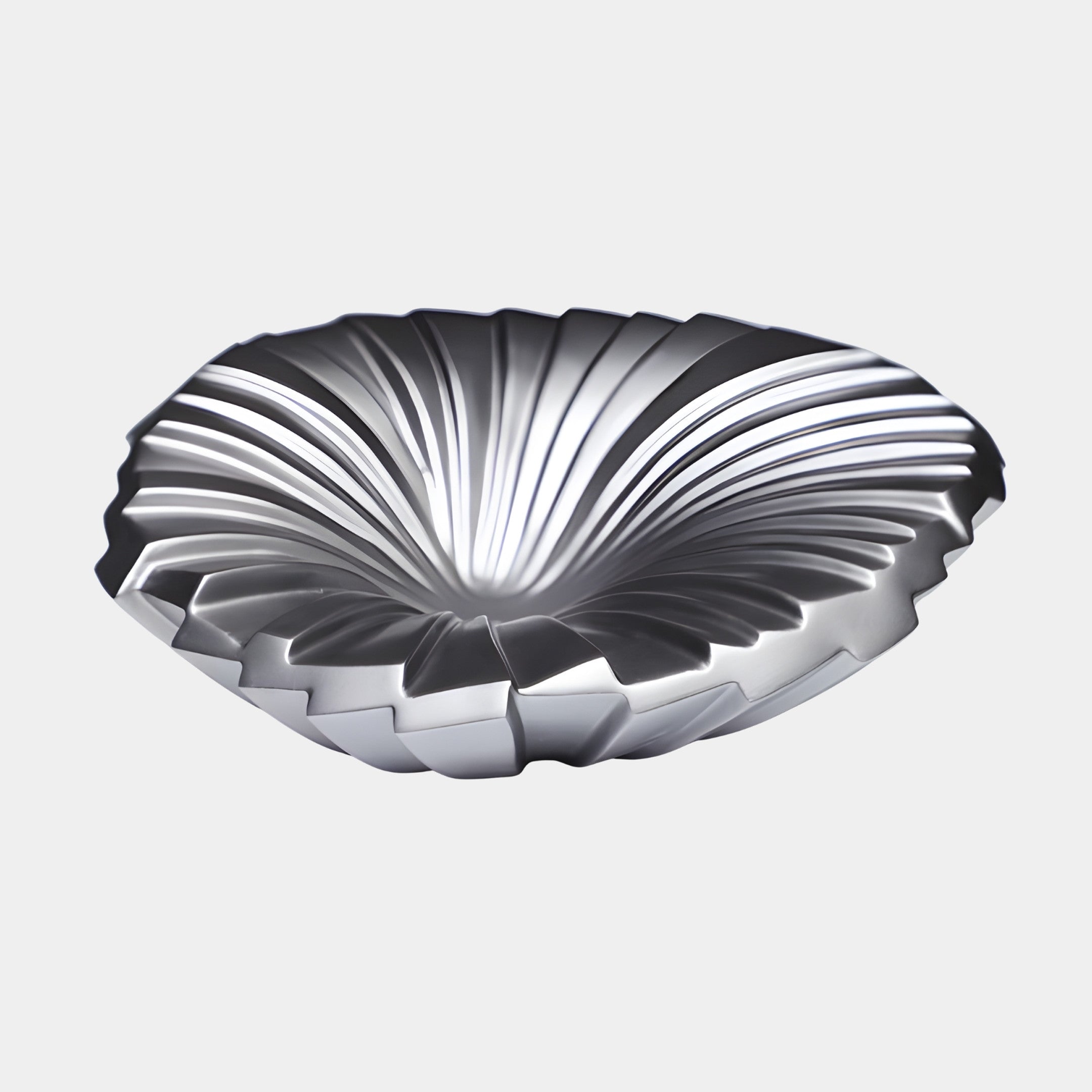 Giant Sculptures Silver Pleated Abstract Shell Disc Bowl in chrome-finished resin, 30cm, with radiating fluted ridges fanning from the centre, on a plain background.