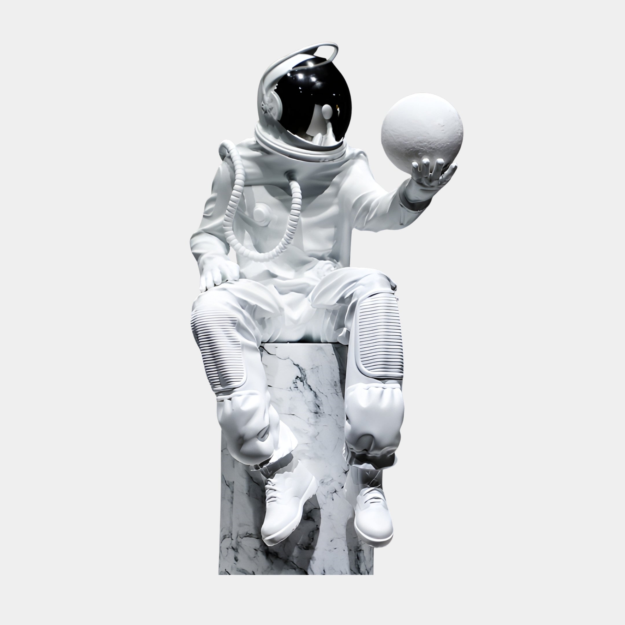 White Astronaut Seated with Globe on Marble Base Sculpture 61cm by Giant Sculptures, glossy 3D-printed resin figure with chrome visor holding a textured moon.