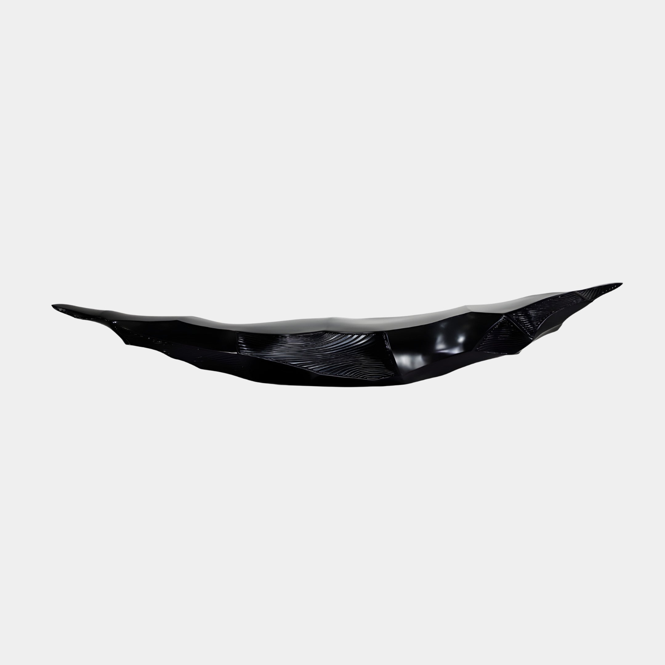 Black Faceted Elongated Leaf Dish 120cm by Giant Sculptures, a 3D-printed resin centrepiece with glossy faceted planes and fan-textured panels on a white background.