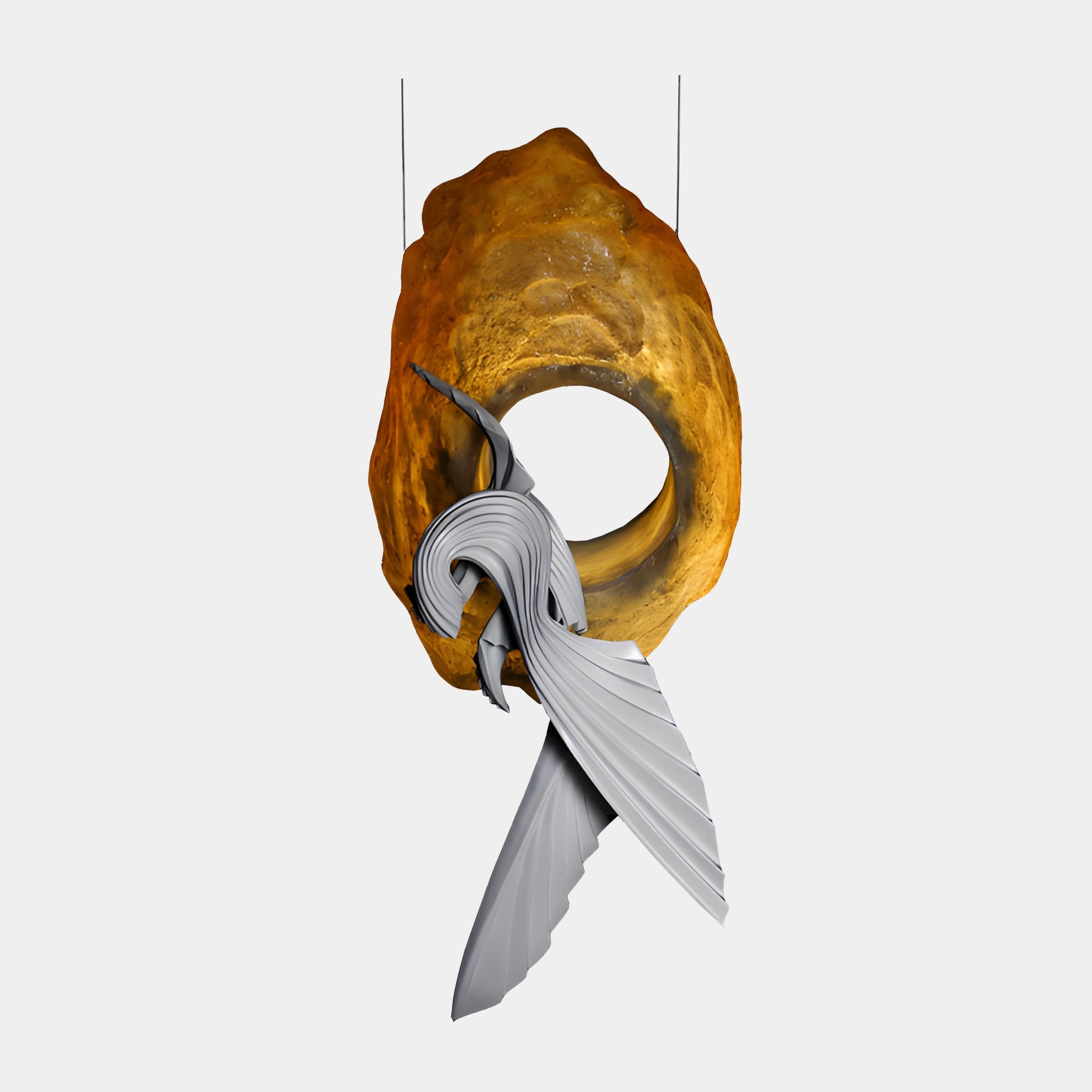 Giant Sculptures Gold & Silver Abstract Ring with Bird Hanging Sculpture, 133cm, textured gold ring with grey swooping bird, suspended on a white background.