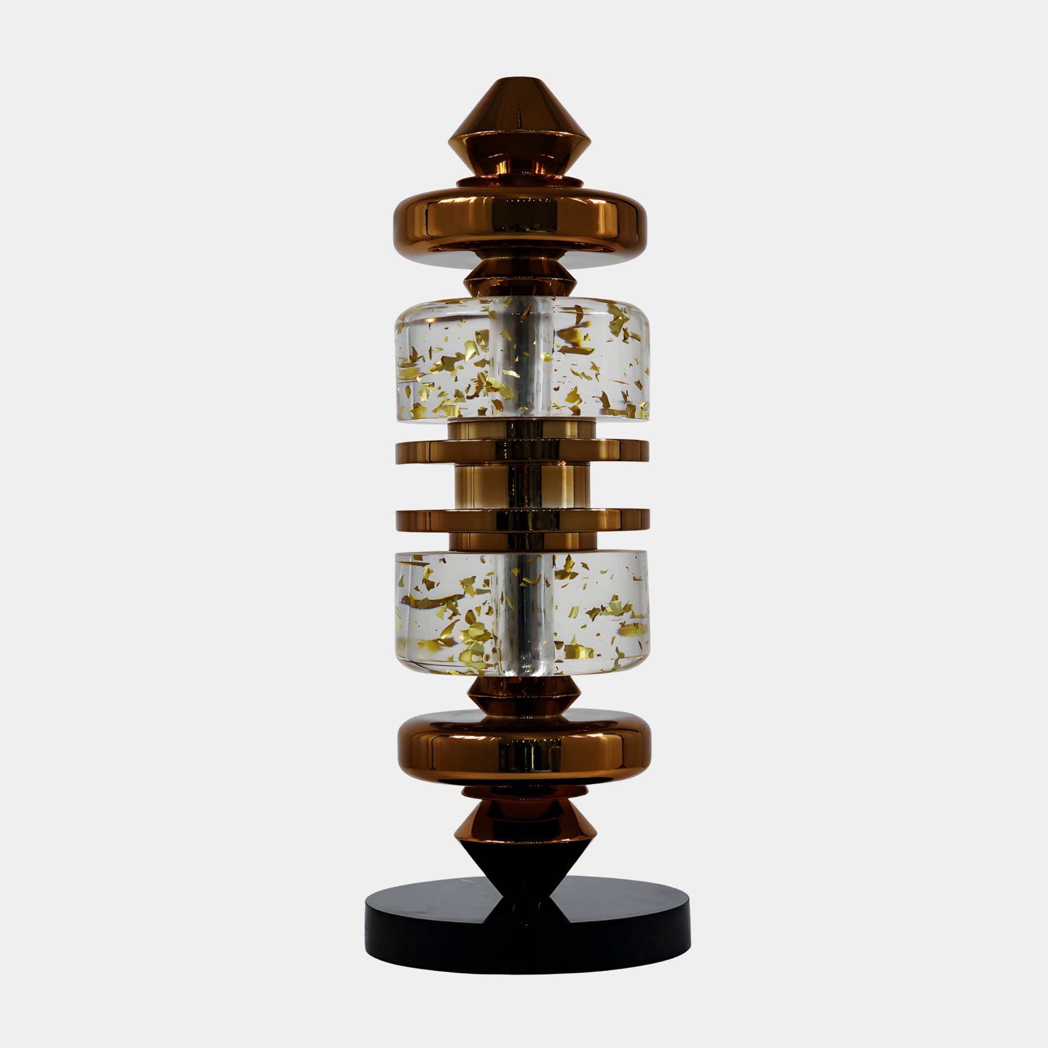 Giant Sculptures Bronze & Glass Stacked Totem with gold flake vessels, faceted finials, and black base, shown front-on against a plain white background.