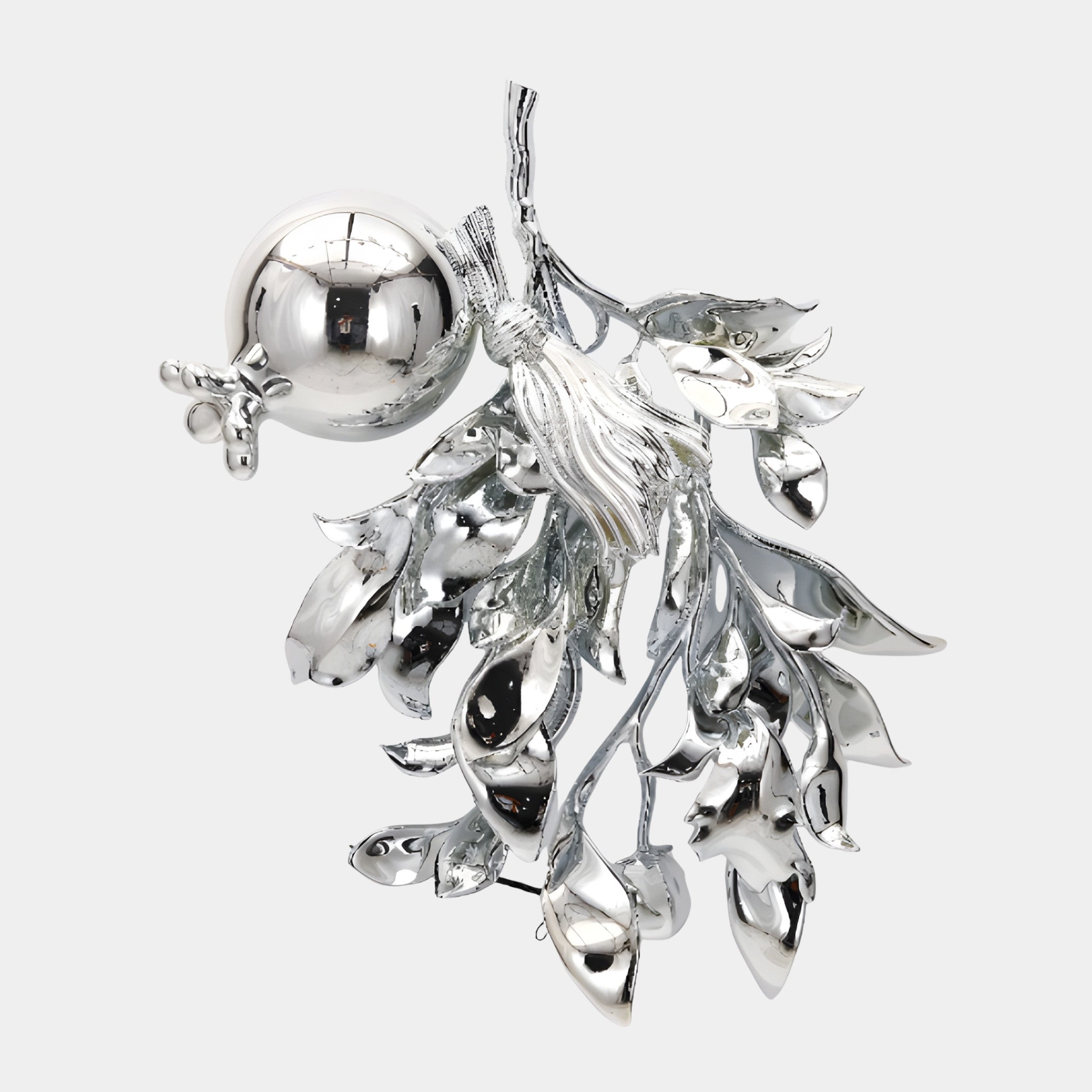 Giant Sculptures Silver Abstract Leaf Cluster with Orb Sculpture in chrome-silver 3D-printed resin, cascading leaves beside a mirrored orb on a plain background.