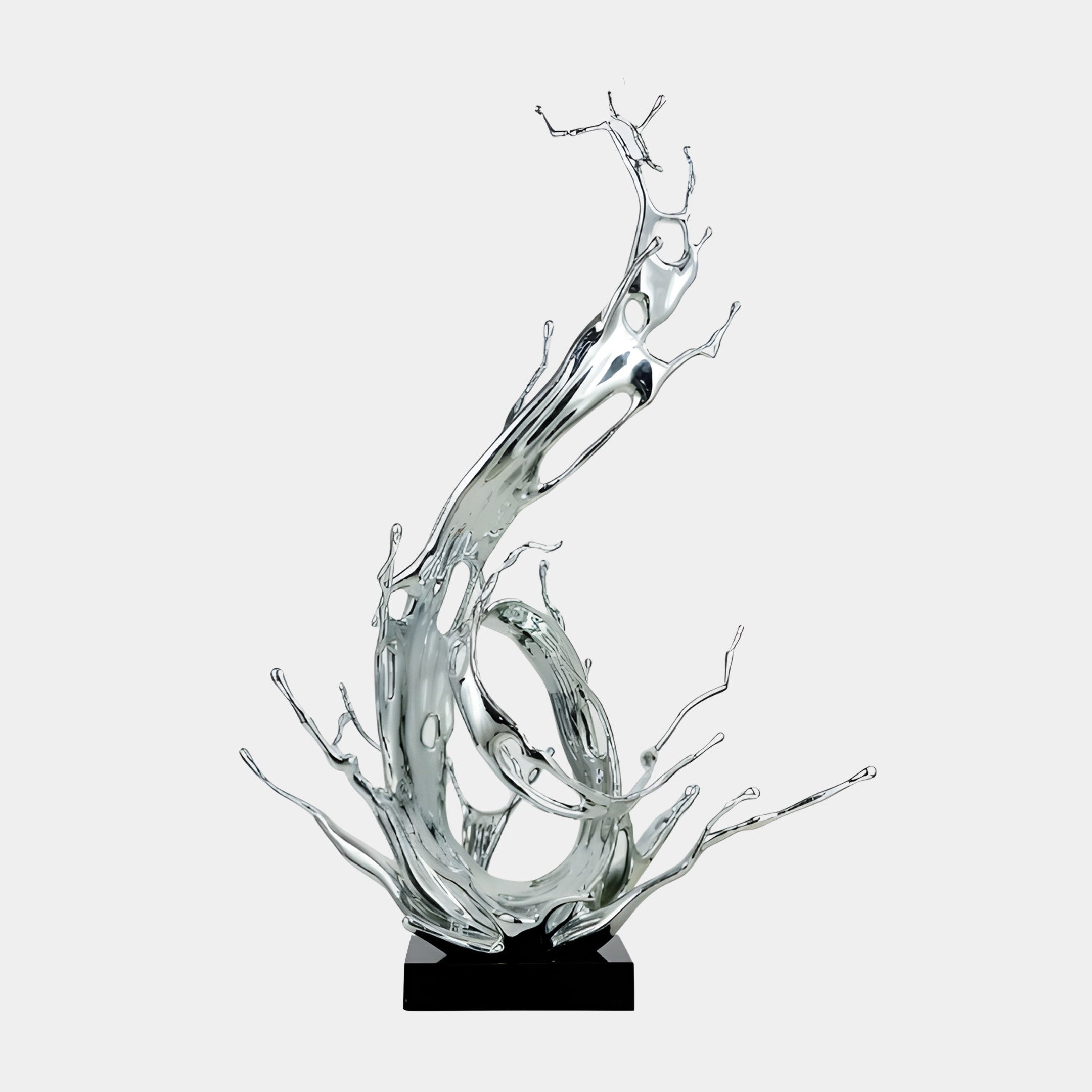 Giant Sculptures Silver Abstract Water Splash with Swirl Sculpture in chrome-silver electroplated resin, twisting upward with flying droplets on a black square base.