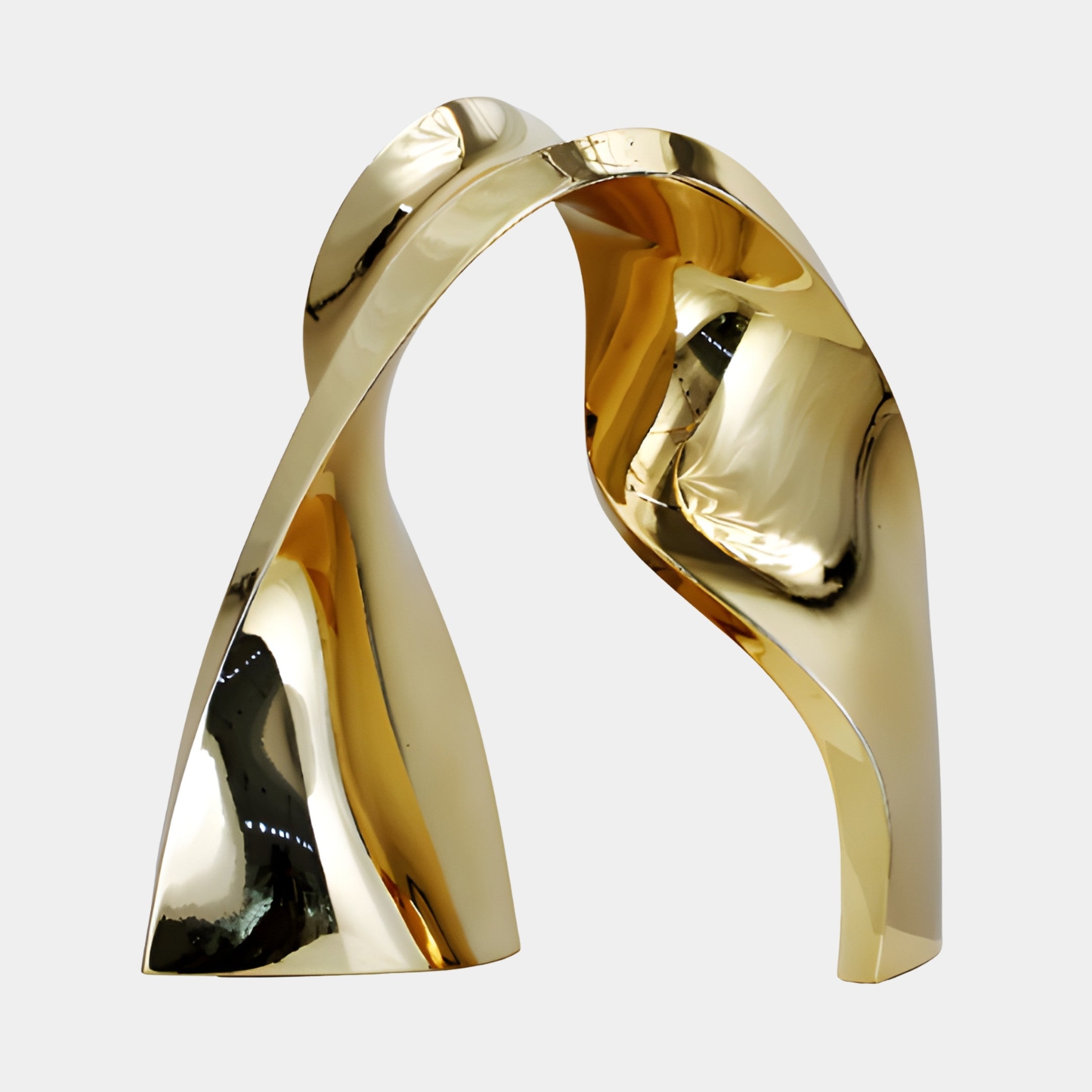 Gold Mirror-Polished Abstract Arch Pair Sculpture by Giant Sculptures, two twisting ribbon-like forms meeting at the top, shown against a plain light background.