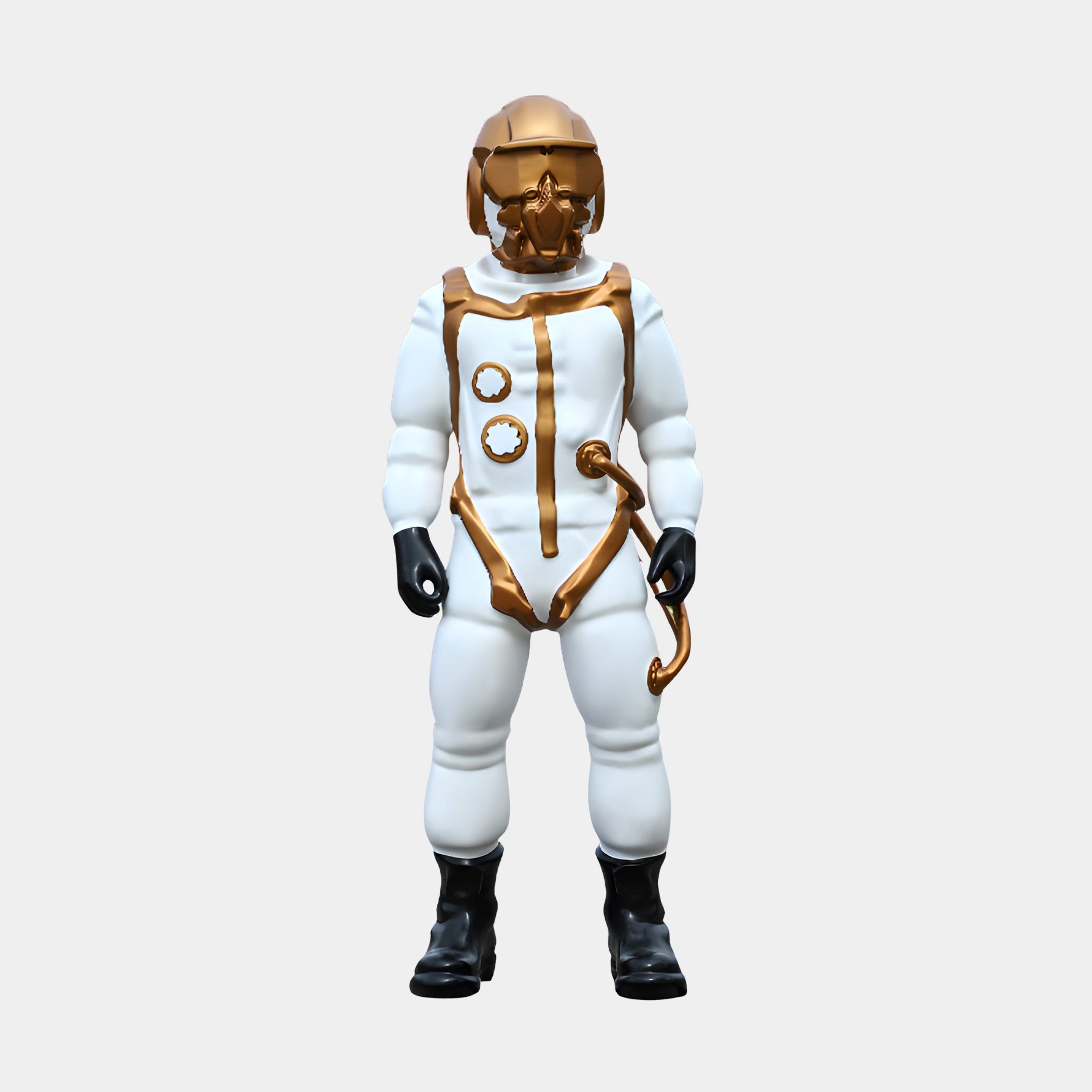 Giant Sculptures White & Gold Astronaut Standing Sculpture 200cm in 3D-printed resin with gold helmet, trim, and tube, black gloves and boots, on white.