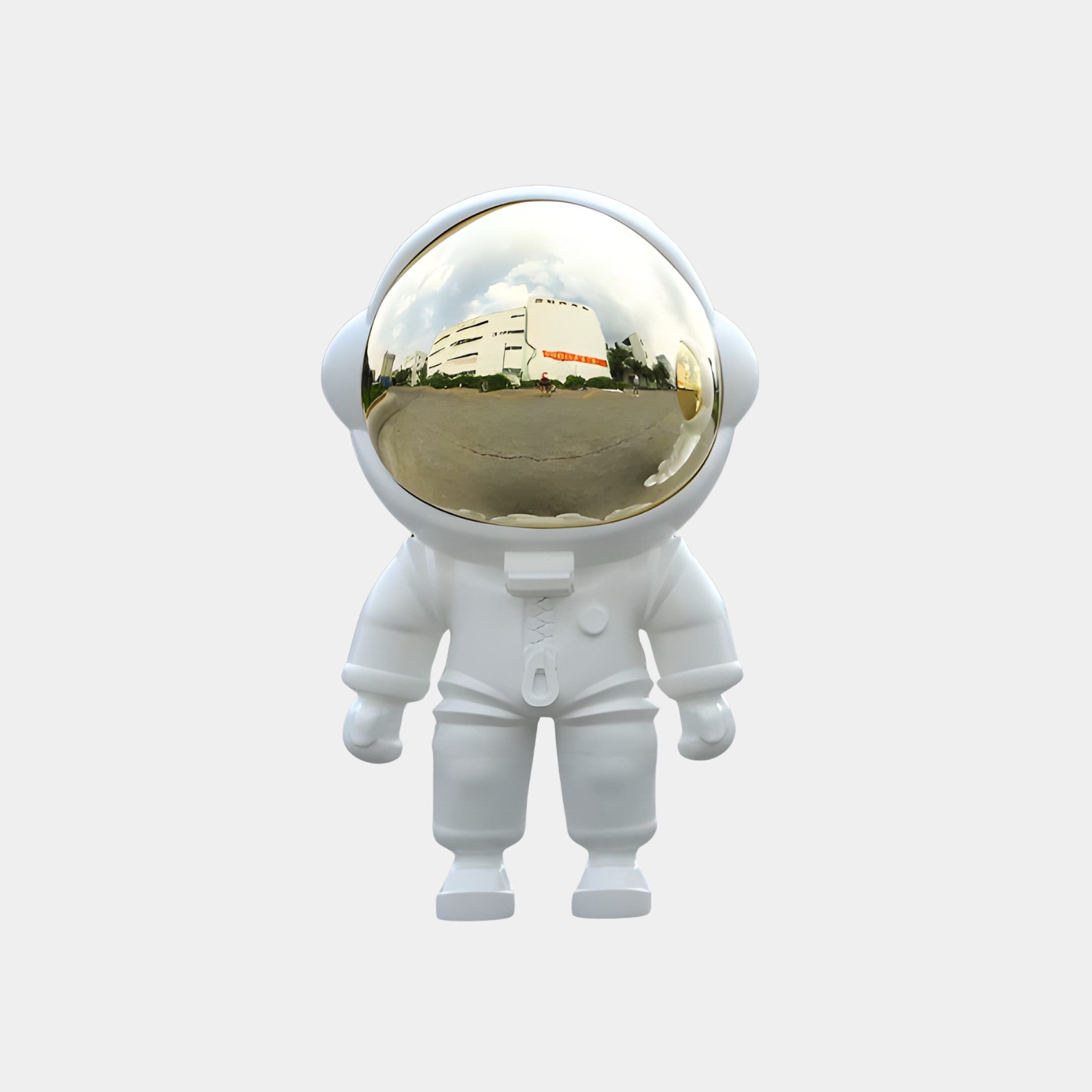 White Astronaut with Chrome Visor Sculpture by Giant Sculptures, 120cm fibreglass figure with glossy suit and reflective mirrored helmet, shown front-on against a plain background.