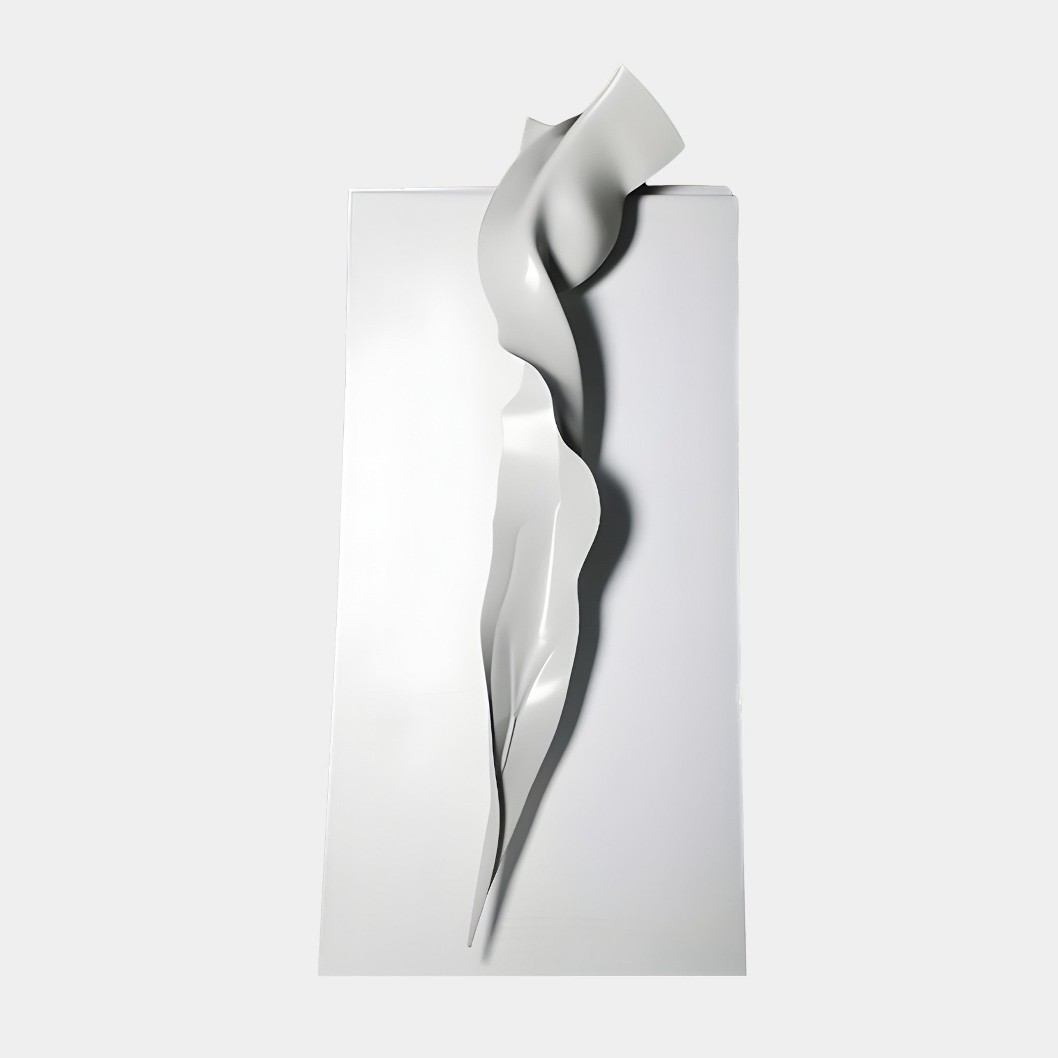 Giant Sculptures White Abstract Female Torso 220cm relief, sinuous 3D-printed resin form peeling from a tall white panel, shown against a light background.
