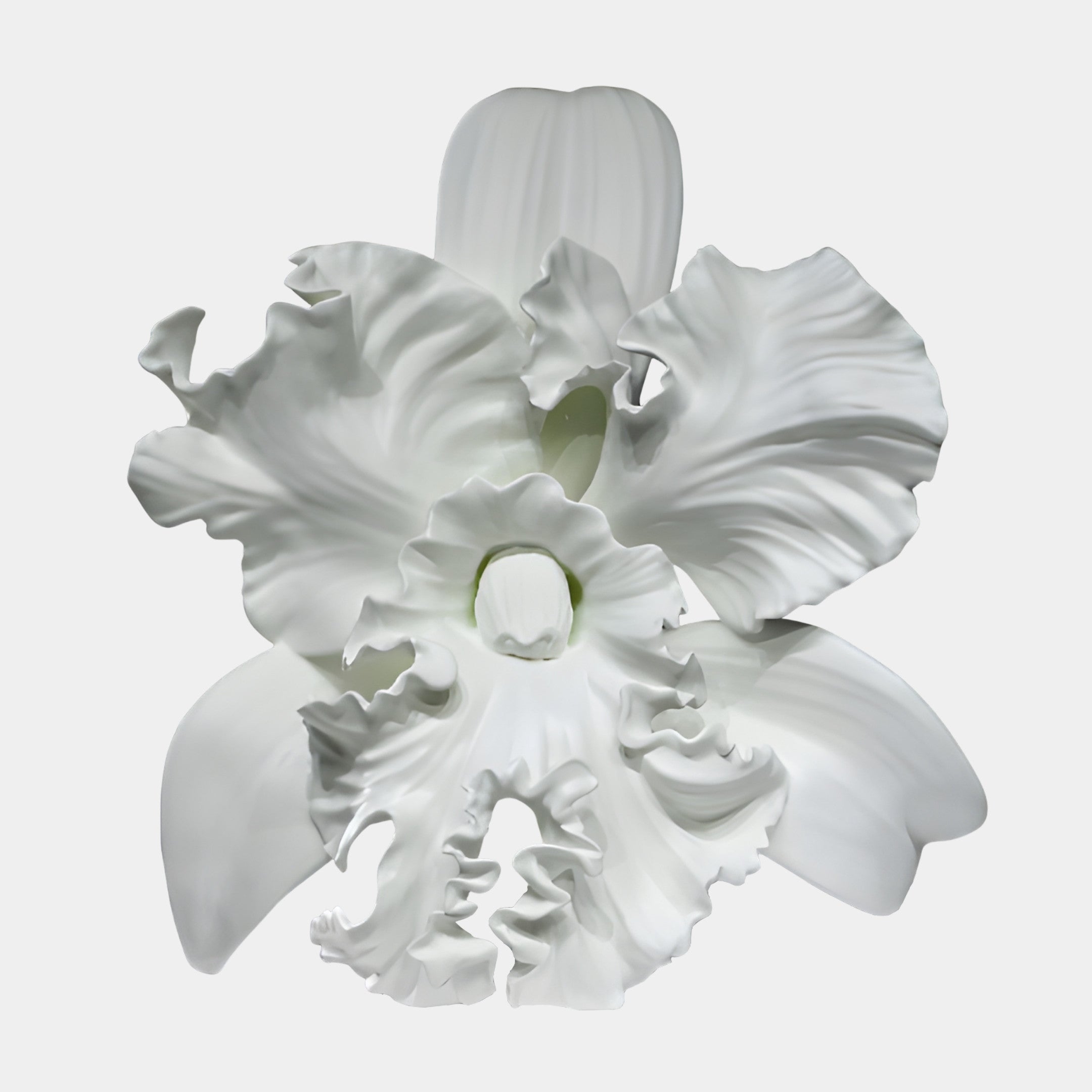 White Abstract Orchid Cluster Sculpture by Giant Sculptures, 70cm 3D-printed resin bloom with ruffled petals in smooth white, shown front-on against a plain background.