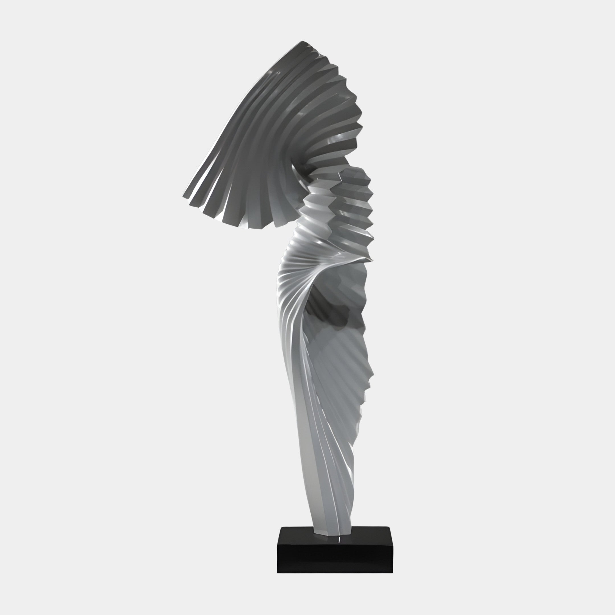 Giant Sculptures Grey Pleated Abstract Twisting Wing Sculpture in 3D-printed resin with ribbed fan-like blades sweeping upward on a black marble base.
