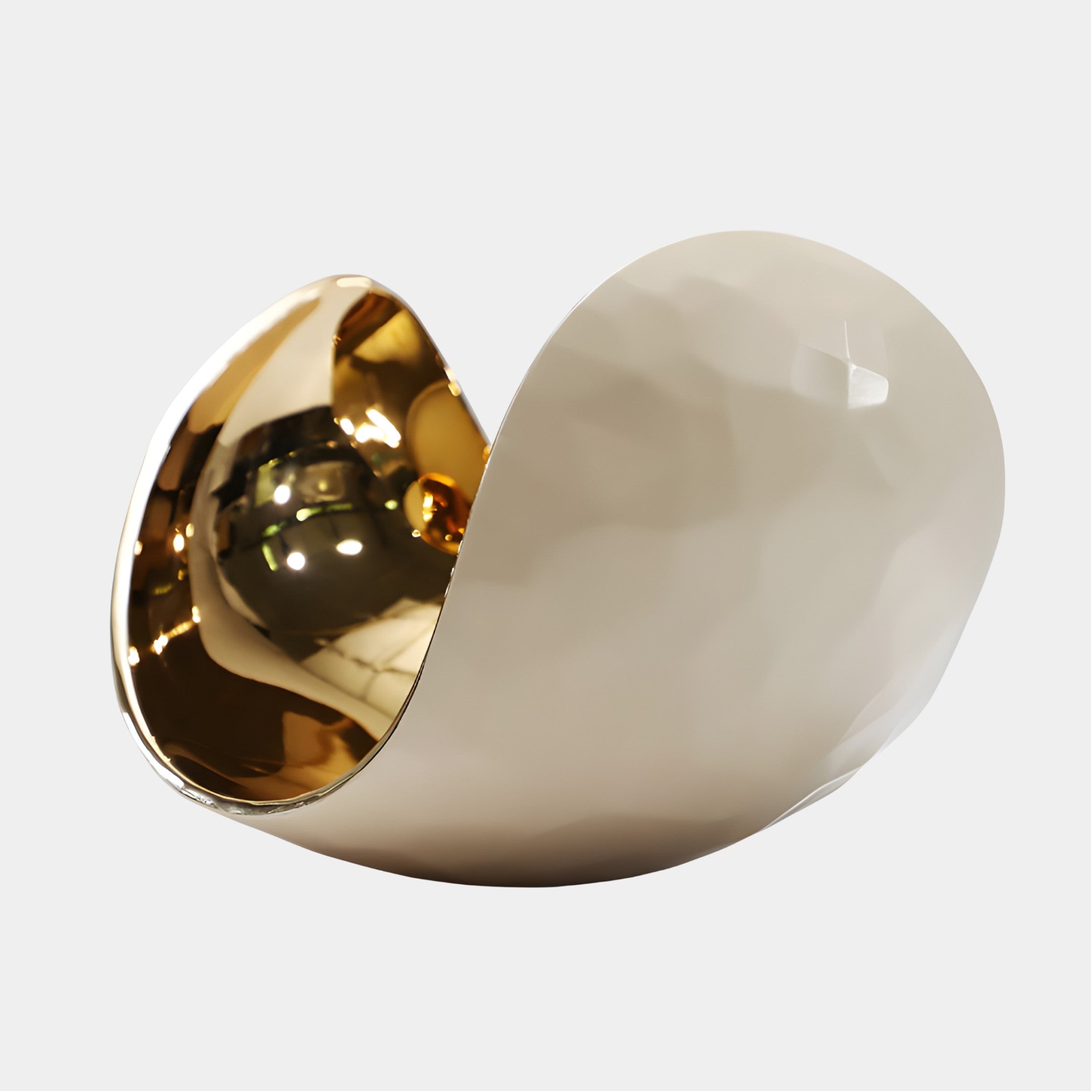 Ivory & Gold Abstract Open Egg Shell Sculpture by Giant Sculptures, shown on a plain background with the matte ivory shell cracked open to reveal a polished gold interior.