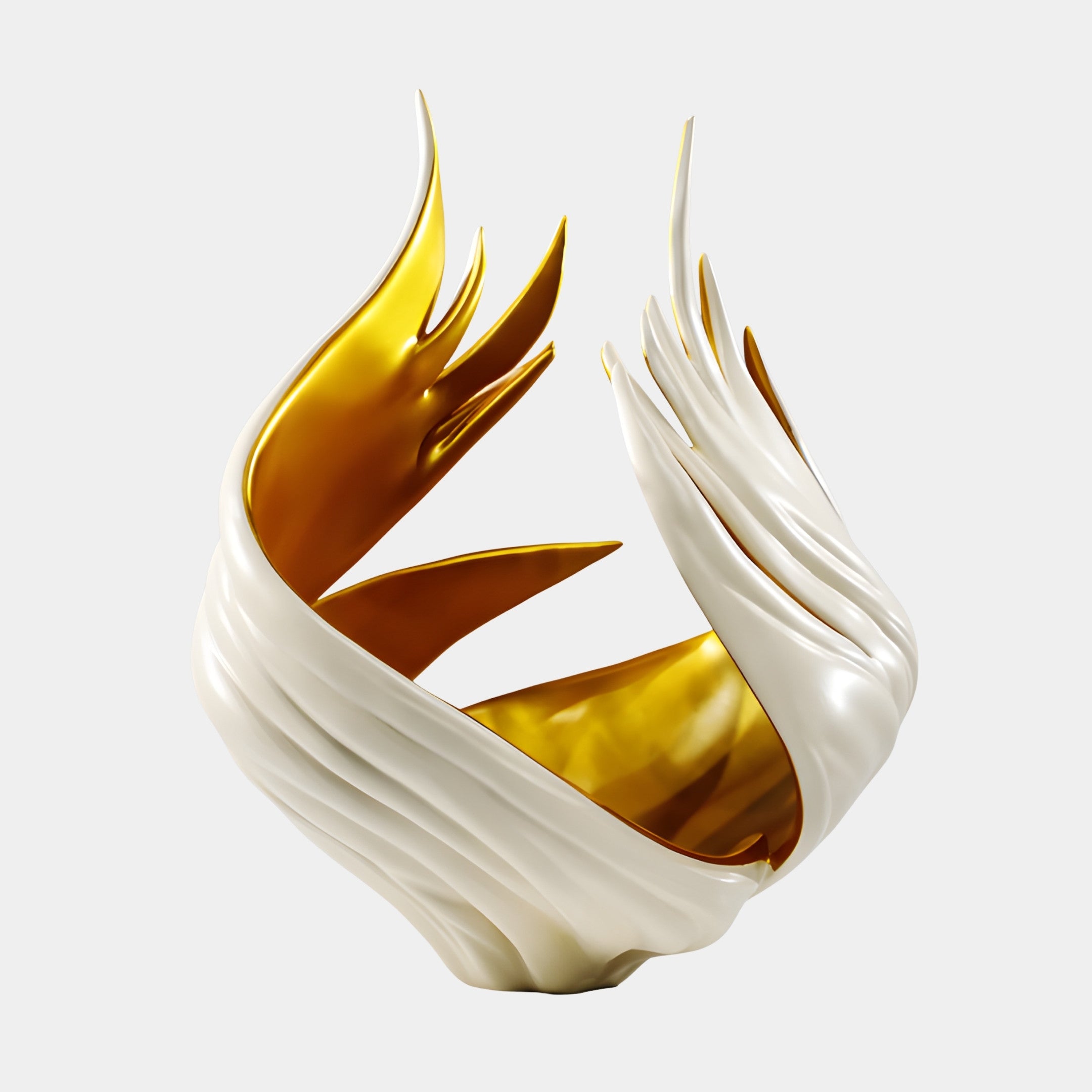 Giant Sculptures Gold & White Abstract Flame Crown Sculpture 50cm, glossy white flame-like petals curling open to reveal a gilded golden interior, on a plain background.