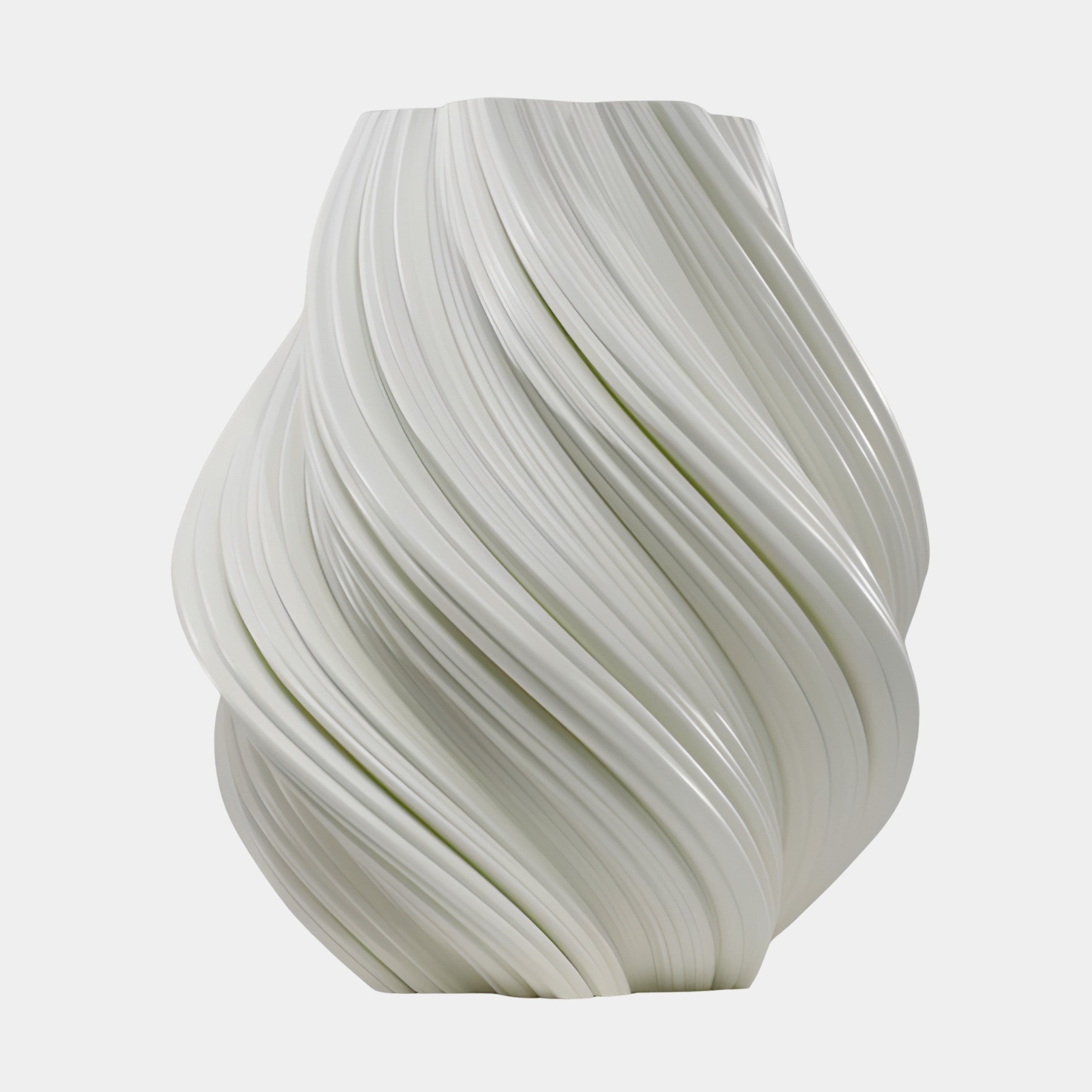White Ribbed Abstract Vase 32cm by Giant Sculptures, a 3D-printed resin sculpture with spiralling matte ribs around a rounded body, shown on a plain background.