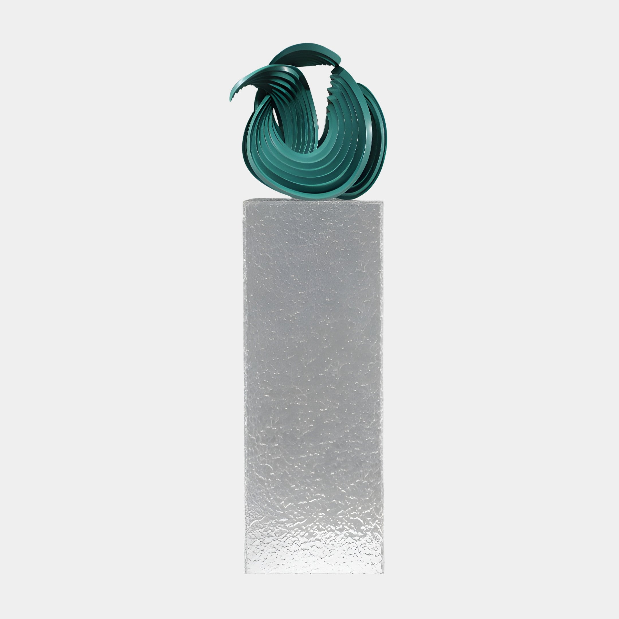 Giant Sculptures Teal Pleated Abstract Flowing Knot, a 3D-printed resin swirl of ribbed ribbons atop a textured frosted acrylic plinth on a white background.