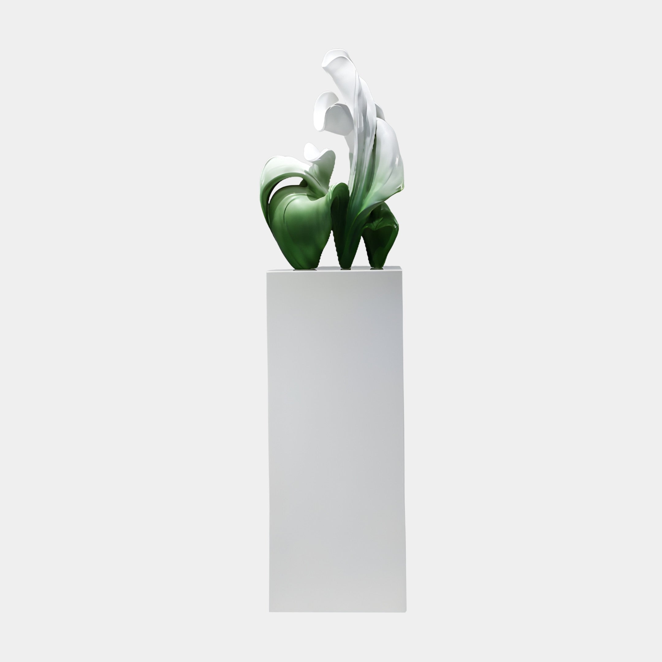 Giant Sculptures Green Abstract Lily with White Bloom fibreglass sculpture with gradient green stems and white calla blooms on a tall white pedestal.