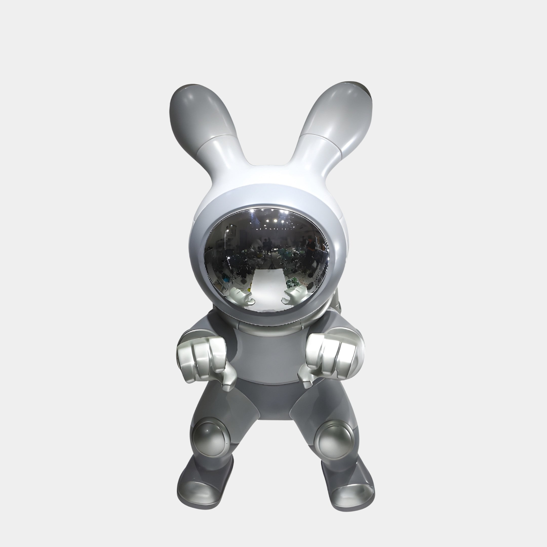 Giant Sculptures Silver Rabbit Character with Chrome Helmet Sculpture, 145cm 3D-printed resin astronaut-rabbit in a silver-grey suit with mirrored visor.