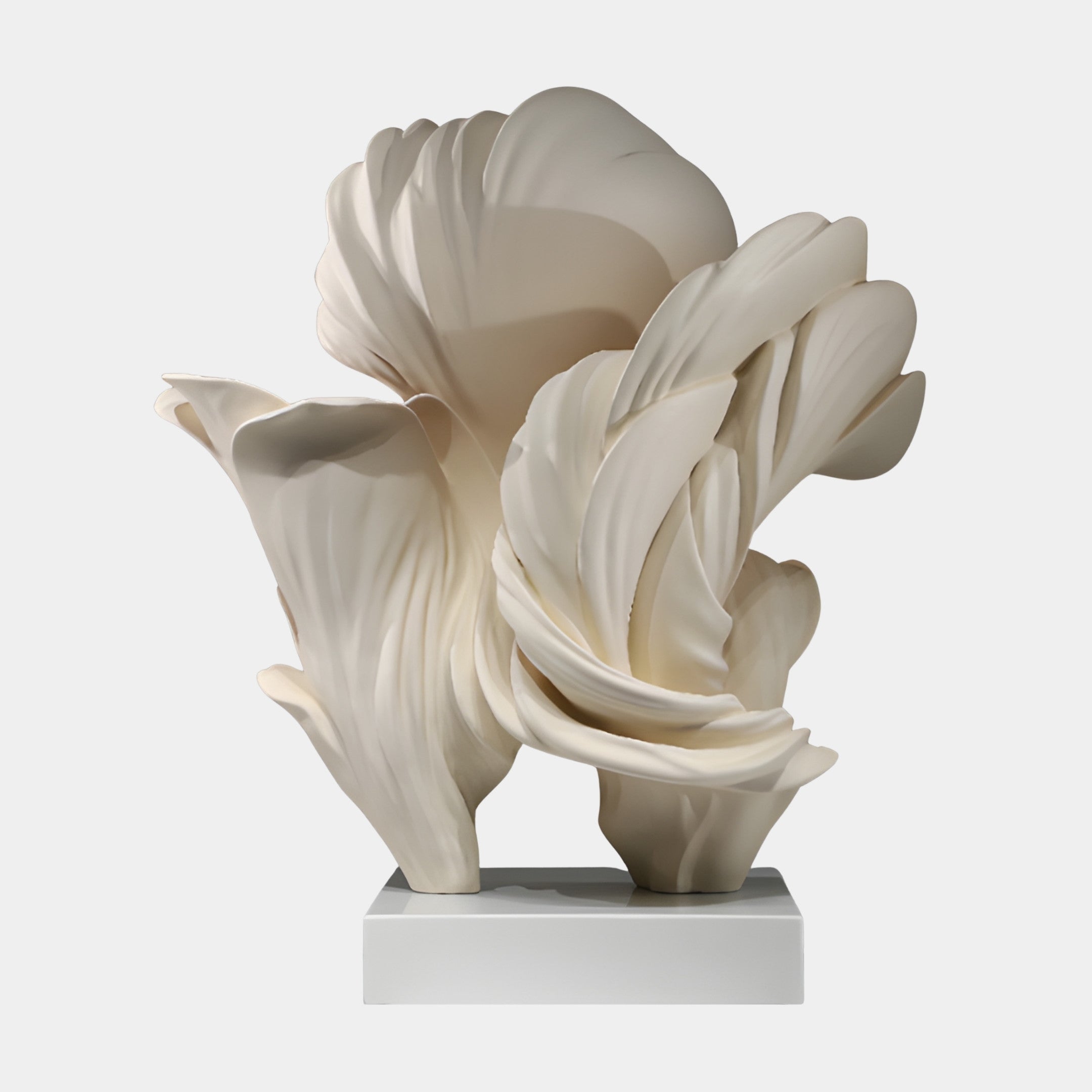 White Abstract Ruffled Bloom Sculpture by Giant Sculptures, 66cm 3D-printed resin piece with creamy matte petals curling on a white base, plain background.