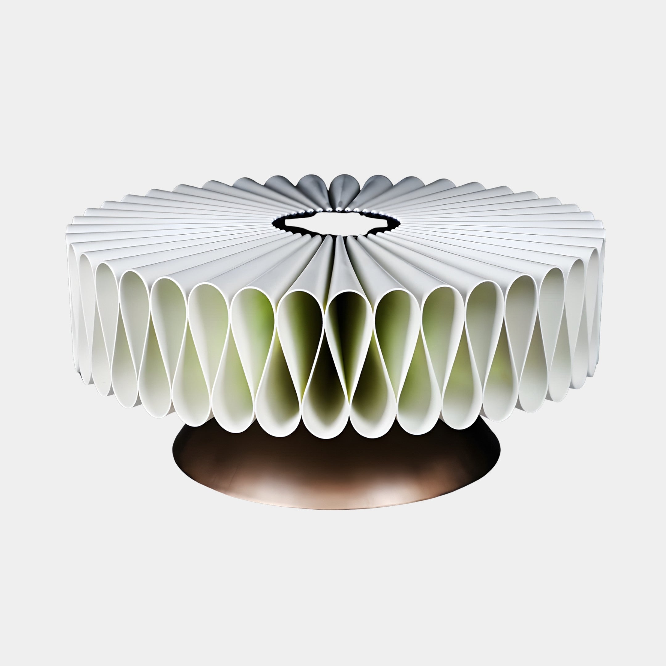 White Geometric Lattice Bowl Light by Giant Sculptures, 85cm, showing fan-folded 3D-printed resin panels in a ring on a copper-bronze base against a light background.