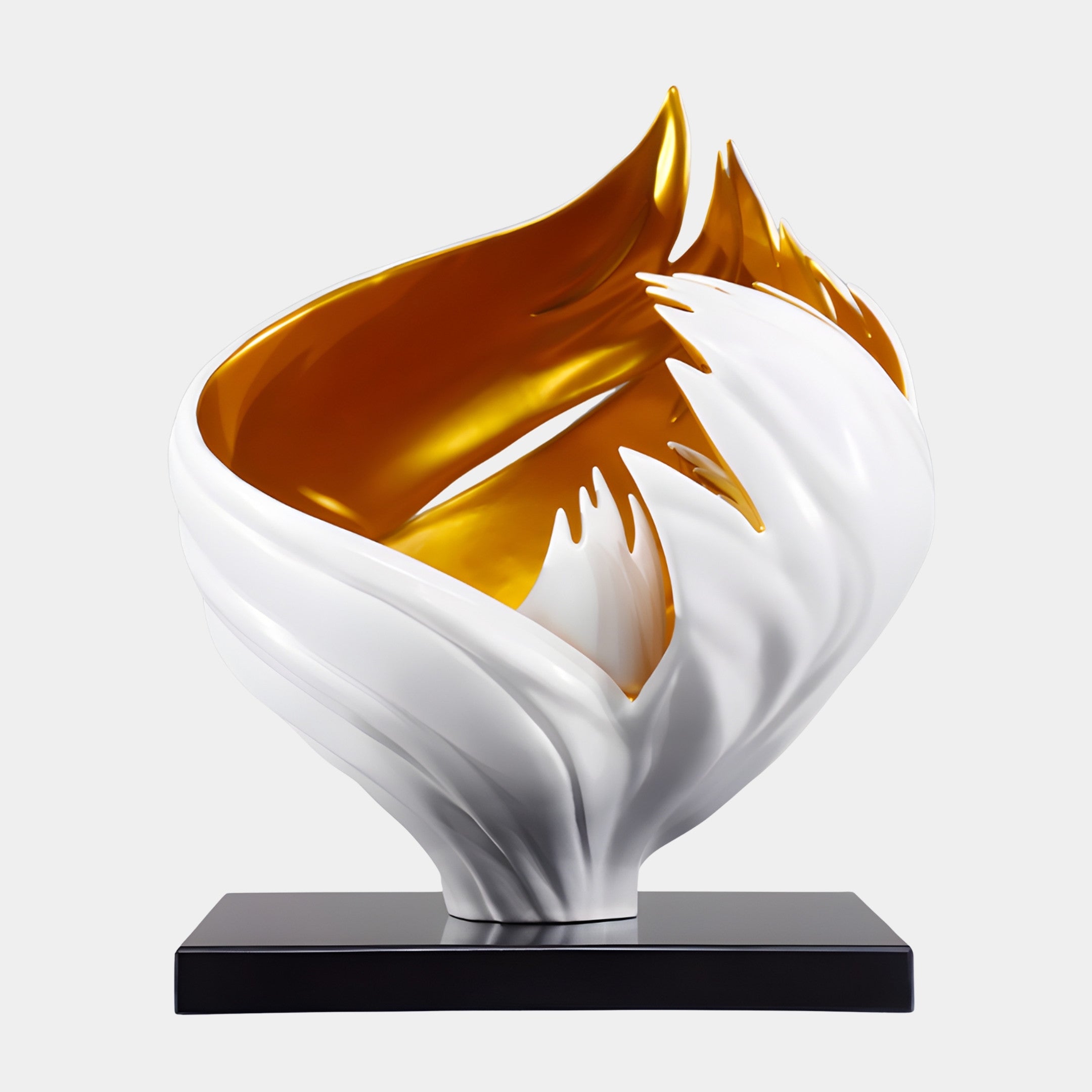 White and Gold Abstract Lotus Bowl by Giant Sculptures, 47cm sculpted resin form with flame-like white petals opening to a glossy gold interior on a black base.