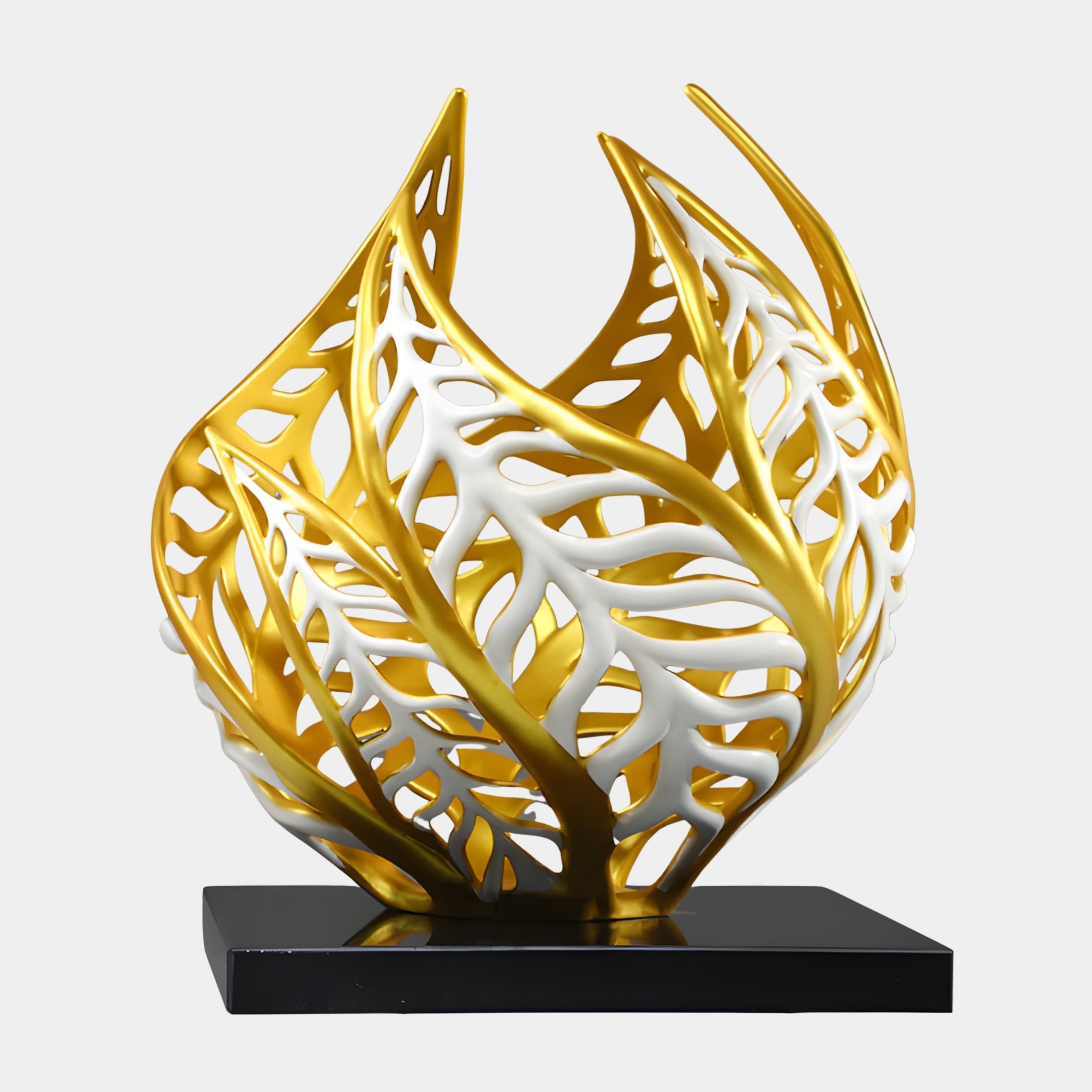 Giant Sculptures Gold Cutout Leaf Cage Sculpture 46cm, openwork gold and white veined leaves curving into a cupped bloom on a black base, plain background.