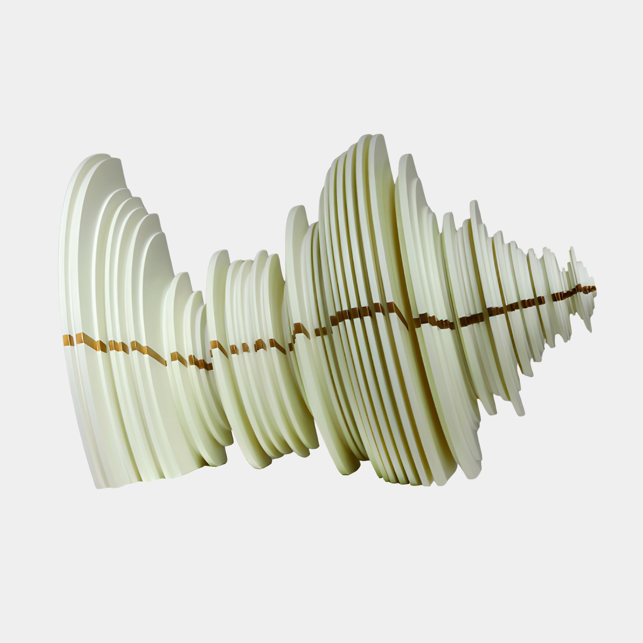 Giant Sculptures White Ribbed Pleated Fan Form Sculpture in cream 3D-printed resin, stacked graduating discs with a gold seam, shown on a plain background.