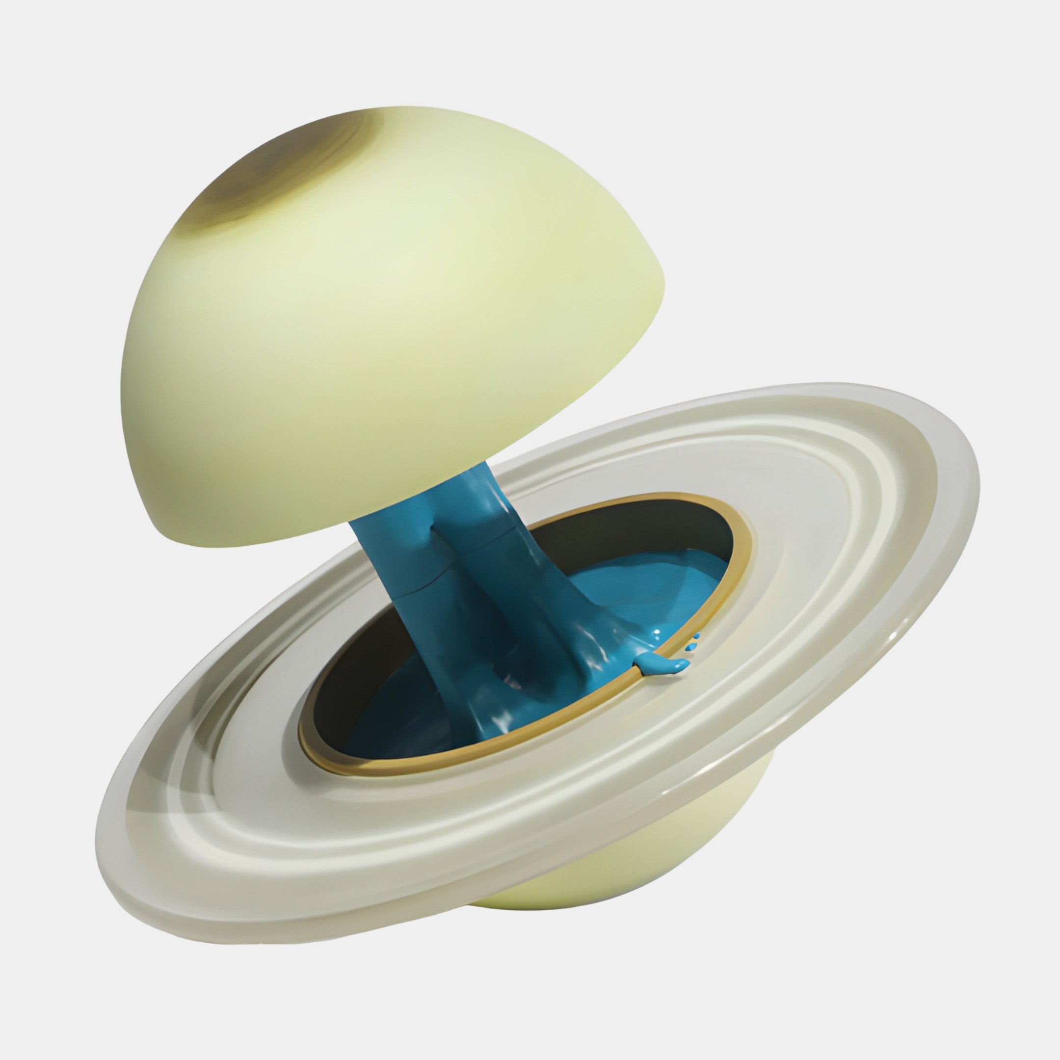 Giant Sculptures Yellow Abstract Planet Saturn 60cm, a 3D-printed resin sphere splitting open to reveal a glossy blue interior with a translucent ring, on a plain background.